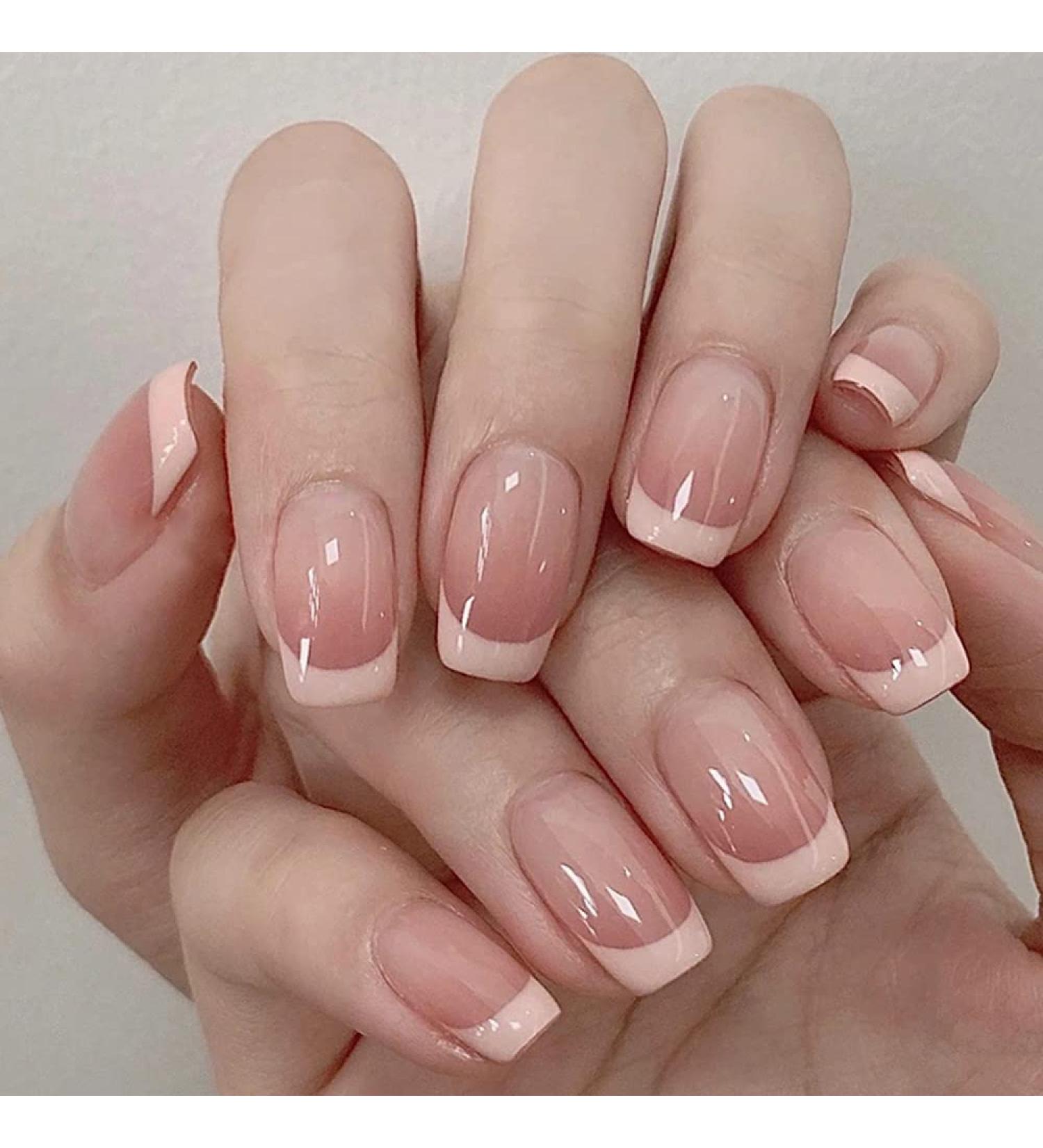 French Square Press on Fake Nails - 24Pcs Pink Gradient Full Cover Short Acrylic False Nails for Women and Girls - Buy Online on GoSupps.com
