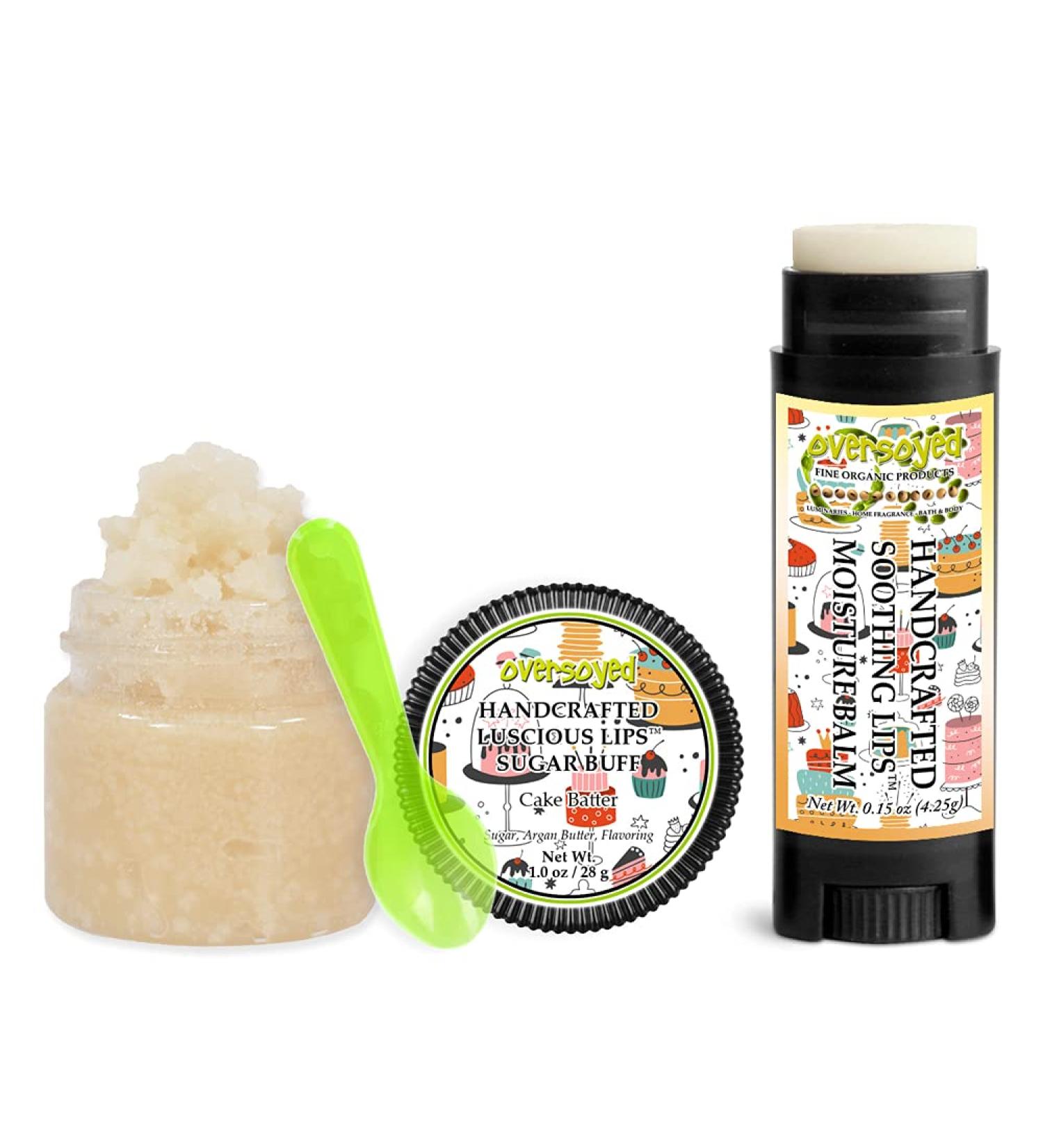 Cake Batter Soothing & Luscious Lips by OverSoyed Exfoliator & Chapped Lip Repair Lip Care Combo | Artisan Handcrafted to Order Vanilla Cream Buttercream Flavored Exfoliating Sugar Lip Scrub & Lip Moisturizer Balm Gift Set
