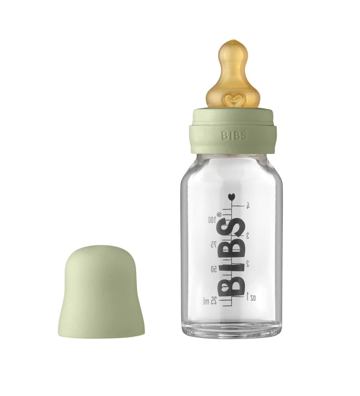Bibs Baby Glass Bottle - Reduces Colic Natural Rubber Sucker Supports Breastfeeding | Made in Denmark - 110 ml Sage Complete Set - Buy Online on GoSupps.com