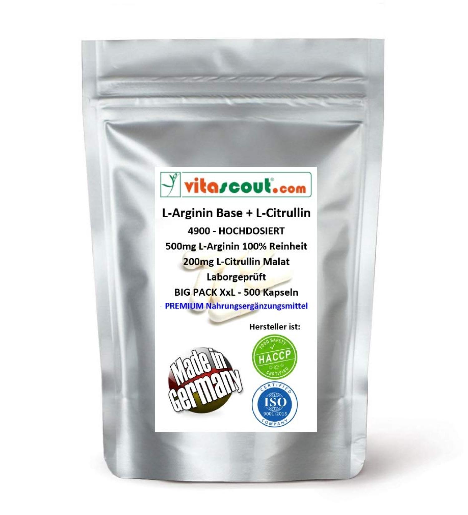 L-Arginine Base + L-Citrulline 4900 II - 500 Vegan Capsules | 100% Pure High Dose No Magnesium Stearate Made in Germany - International Shipping Available - Buy Online on GoSupps.com