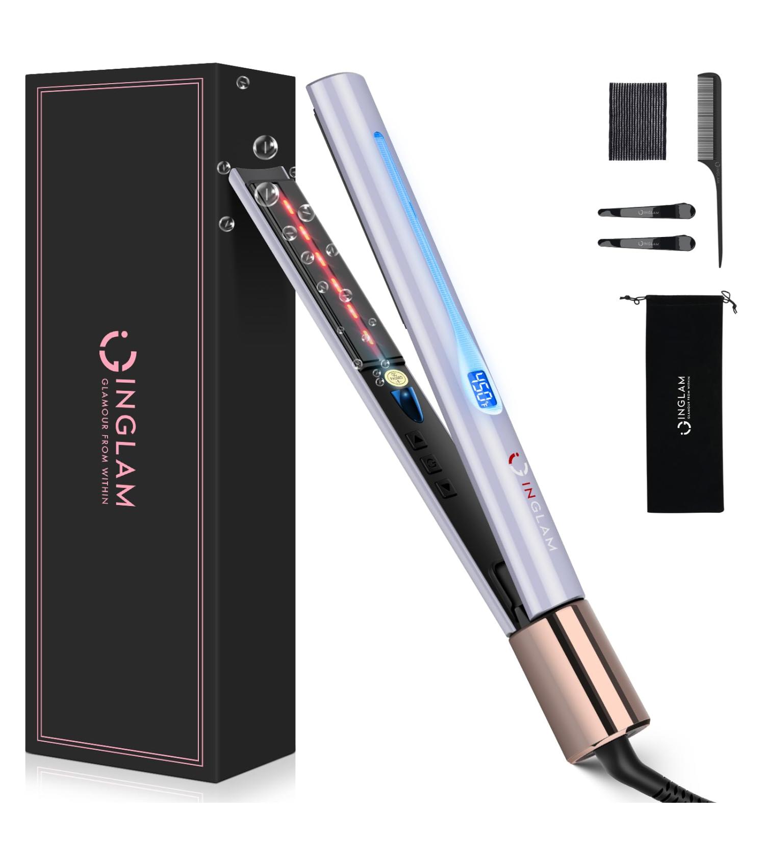IG INGLAM Titanium Flat Iron Hair Straightener | 1 Inch Curling Iron | Infrared Negative Ionic | Adjustable Temp 250 F-450 F | Dual Voltage 110-240V | Perfect Gift in Light Purple - Buy Online on GoSupps.com