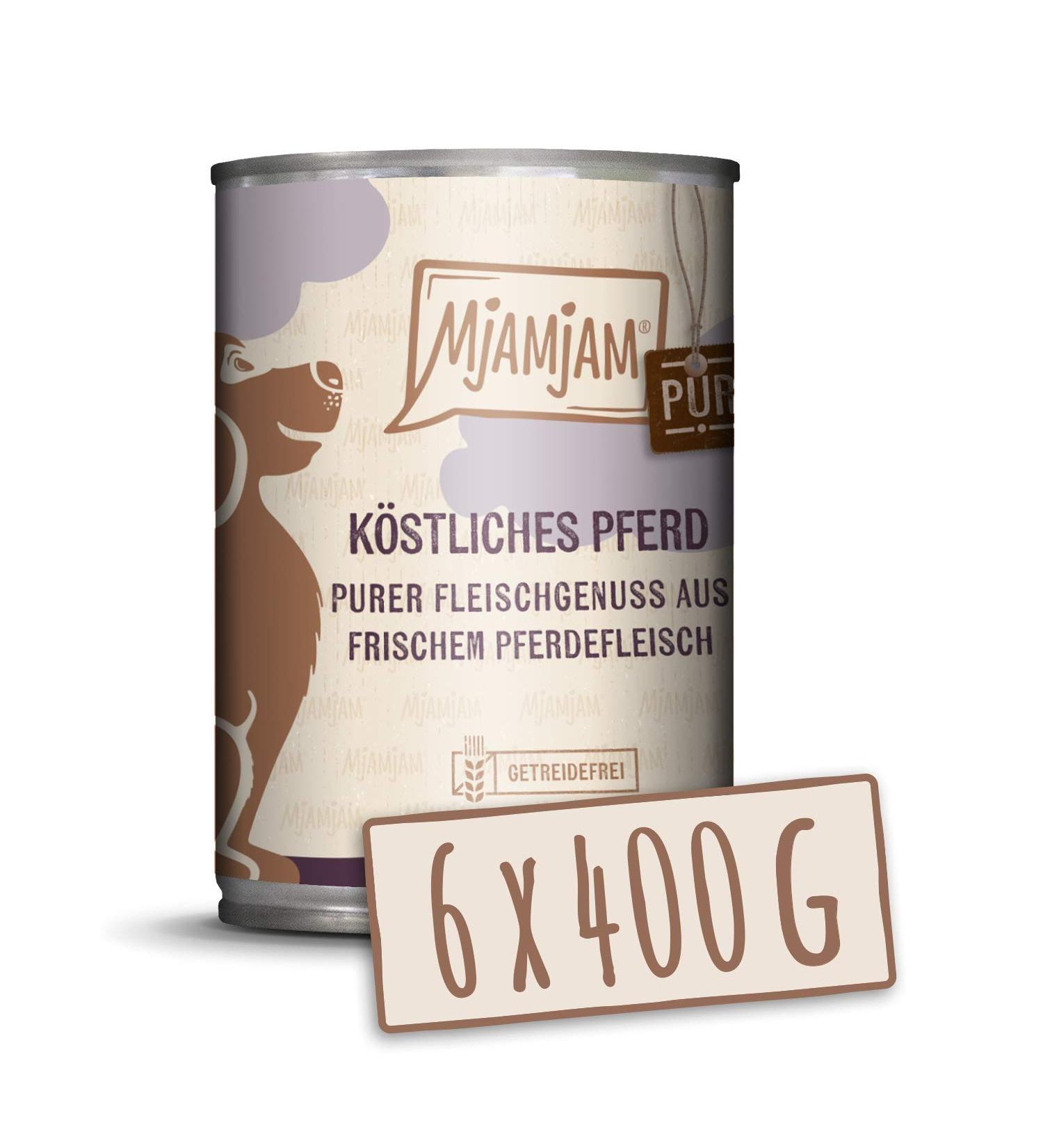 MjAMjAM - premium wet food for dogs - pure meat pleasure - delicious pure horse 6 pack (6 x 400 g) grain-free with extra meat