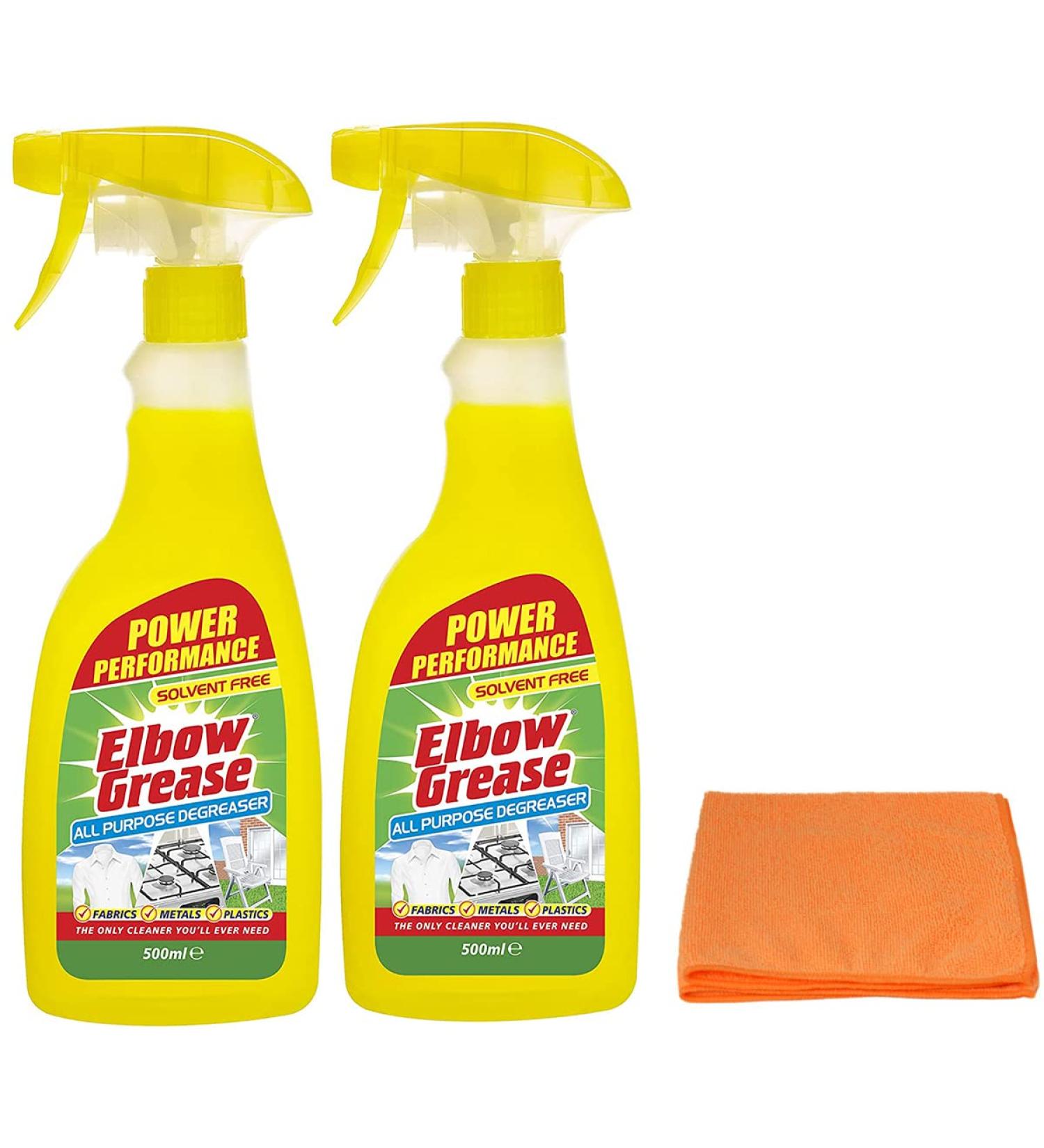 2X Elbow Grease All-Purpose Degreaser Spray Bundle with Microfibre Cloth - 2X 500ml - Effective Cleaner for Kitchen & Metallic Surfaces - Buy Online on GoSupps.com