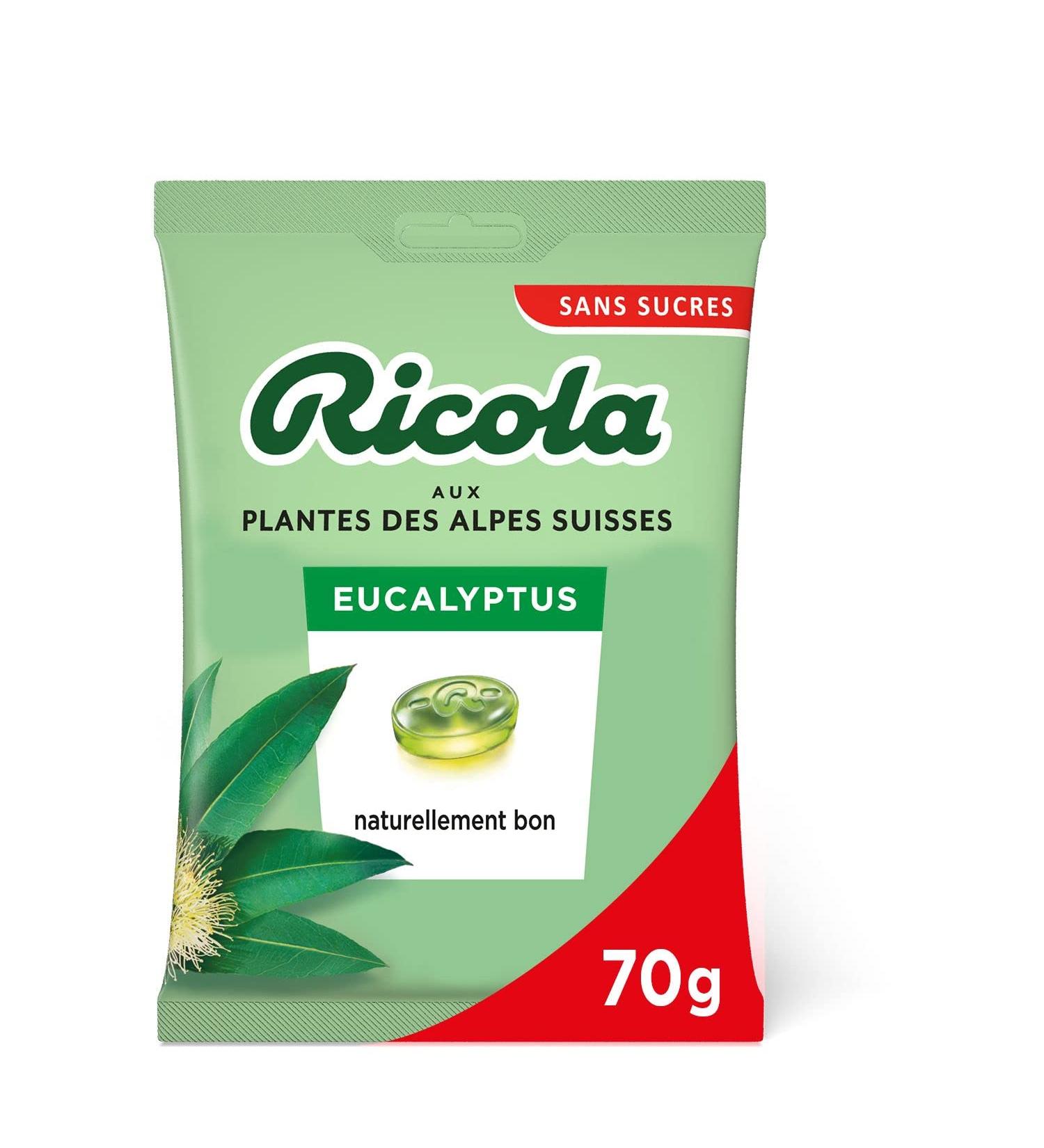 Ricola - Bonbons aux Plantes Suisses - Parfum Eucalyptus - Rafra chissant - Sans Sucres - Vert Sachet de 70 g (Lot de 1)