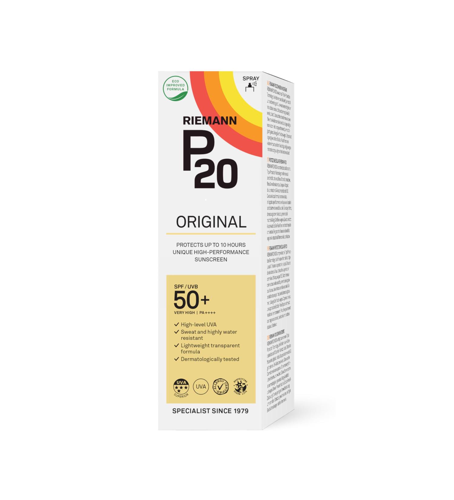Riemann P20 Original SPF50 + Spray 85 ml Advanced Sunscreen Protection High Performance Triple Protection + Sweat Resistance Durable Protects Up to 10 Hours