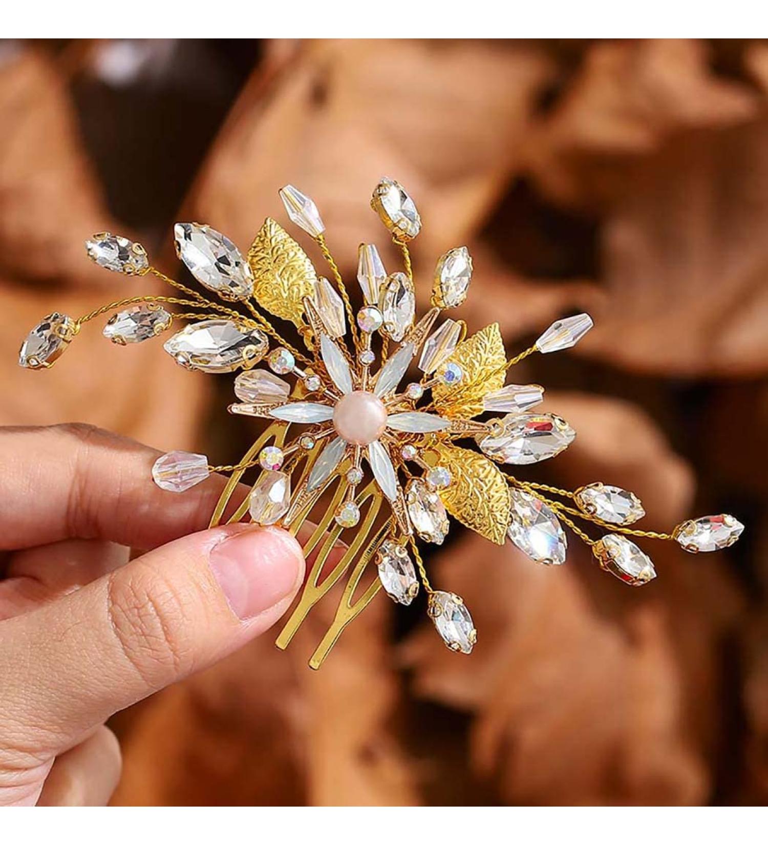 Zoestar Flower Wedding Hiar Comb Slides Gold Crystal Pearl Headpiece Rhinestone Bridal Leaf Hair Accessories for Women and Girls - Buy Online on GoSupps.com
