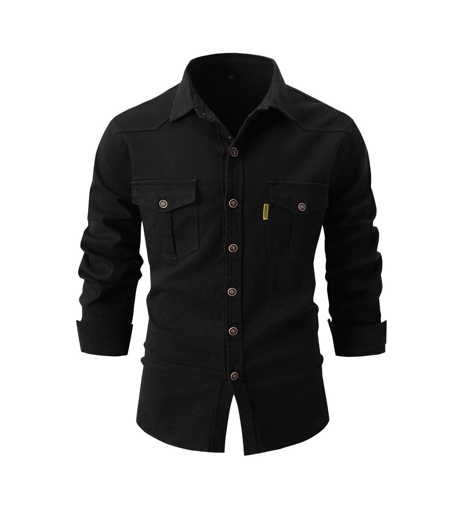 Men's Reverse Monochrome Long-Sleeved Shirt Jacket | Regular Fit Work & Leisure Shirt with 2 Pockets - Black - Buy Online on GoSupps.com