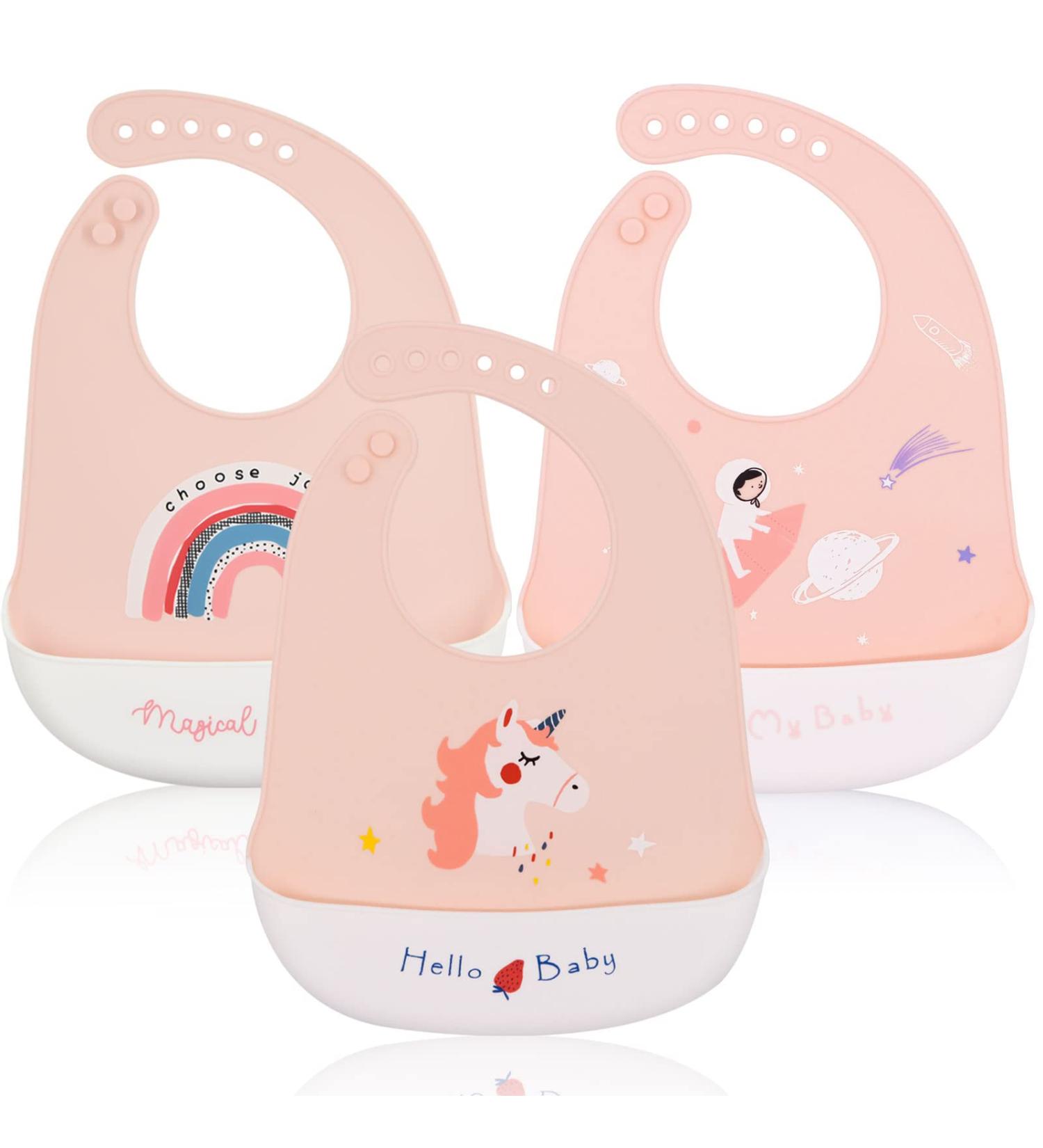 Baogaier Baby Bibs Silicone 3 PCS Waterproof Weaning Bib for Babies Toddlers with Food Catcher Pocket - Easy Clean Bibs Feeding for Kid Infant Girl in Horse Rainbow Space - Buy Online on GoSupps.com
