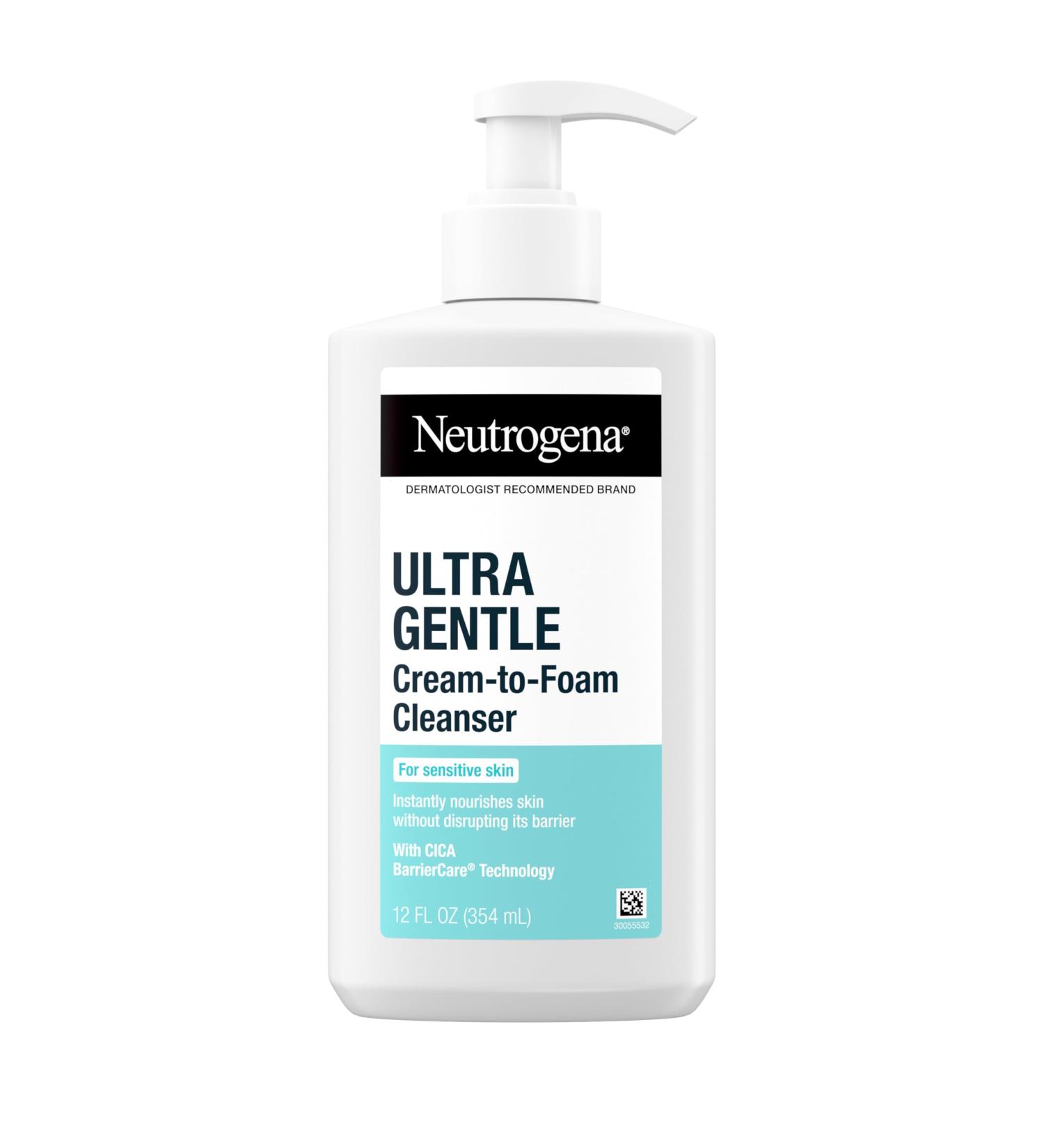 Neutrogena Ultra Gentle Cream to Foaming Face Wash for Sensitive Skin, Fragrance-Free Gentle Facial Cleanser, Hypoallergenic Skin Care, Non-Comedogenic Makeup Remover, 12 fl oz Crram to Foam Cleanser 12 Fl Oz (Pack of 1) - Buy Online on GoSupps.com