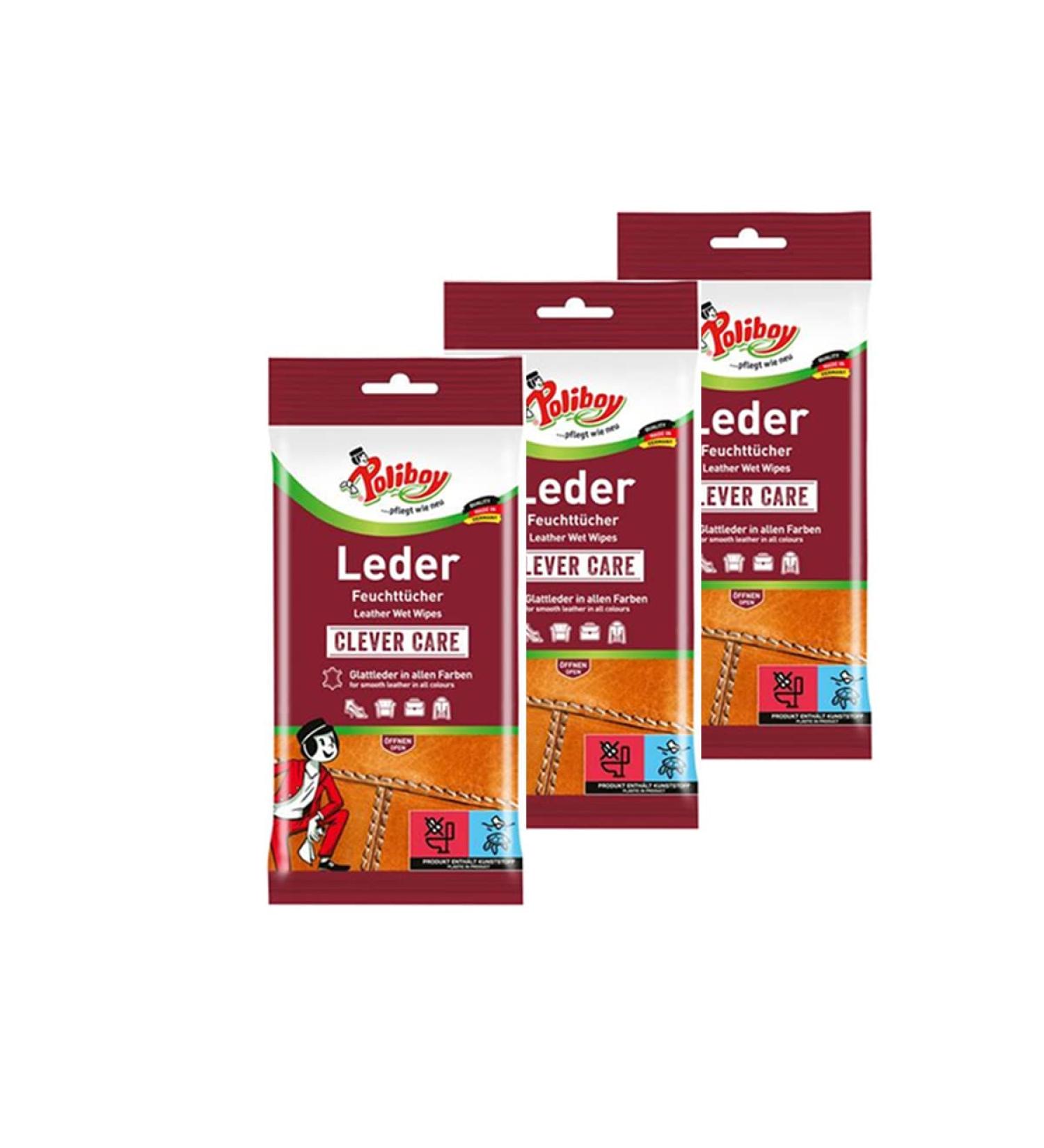Poliboy Leather Wet Wipes - Perfect Cleaning for Smooth & Synthetic Leather - 3-Pack (60 Towels) - Made in Germany - Buy Online on GoSupps.com