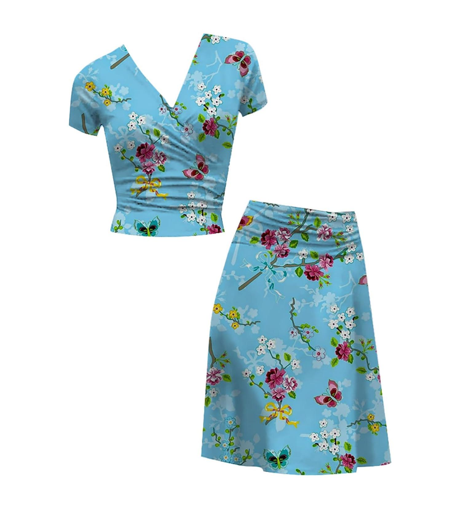 Nidddiv Summer Beach Skirt And Top Sets Women Plus Size Short Sleeve Tops Elegant Midi Skirts Cropped T-Shirts V Neck Blouses Floral Print Skirts Wrap Hip Dress Casual Skirt Elegant 2 Piece Blue L - Buy Online on GoSupps.com