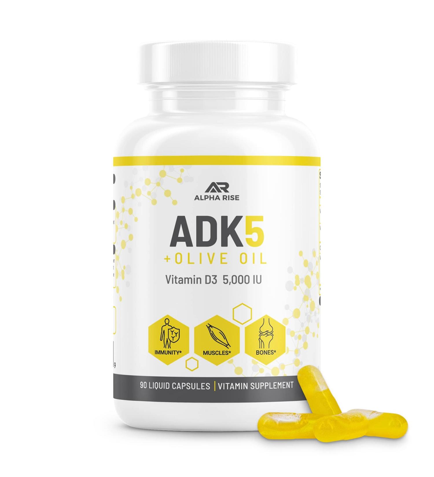ALPHA RISE ADK Vitamin Supplement + Olive Oil for Better Absorption | ADK 5 Supplement with Vitamin A D and K | 5000 iu of Vitamin D3 + K2 (MK7+MK4) | 90 Liquid Capsules | Vegetarian | Non-GMO - Buy Online on GoSupps.com