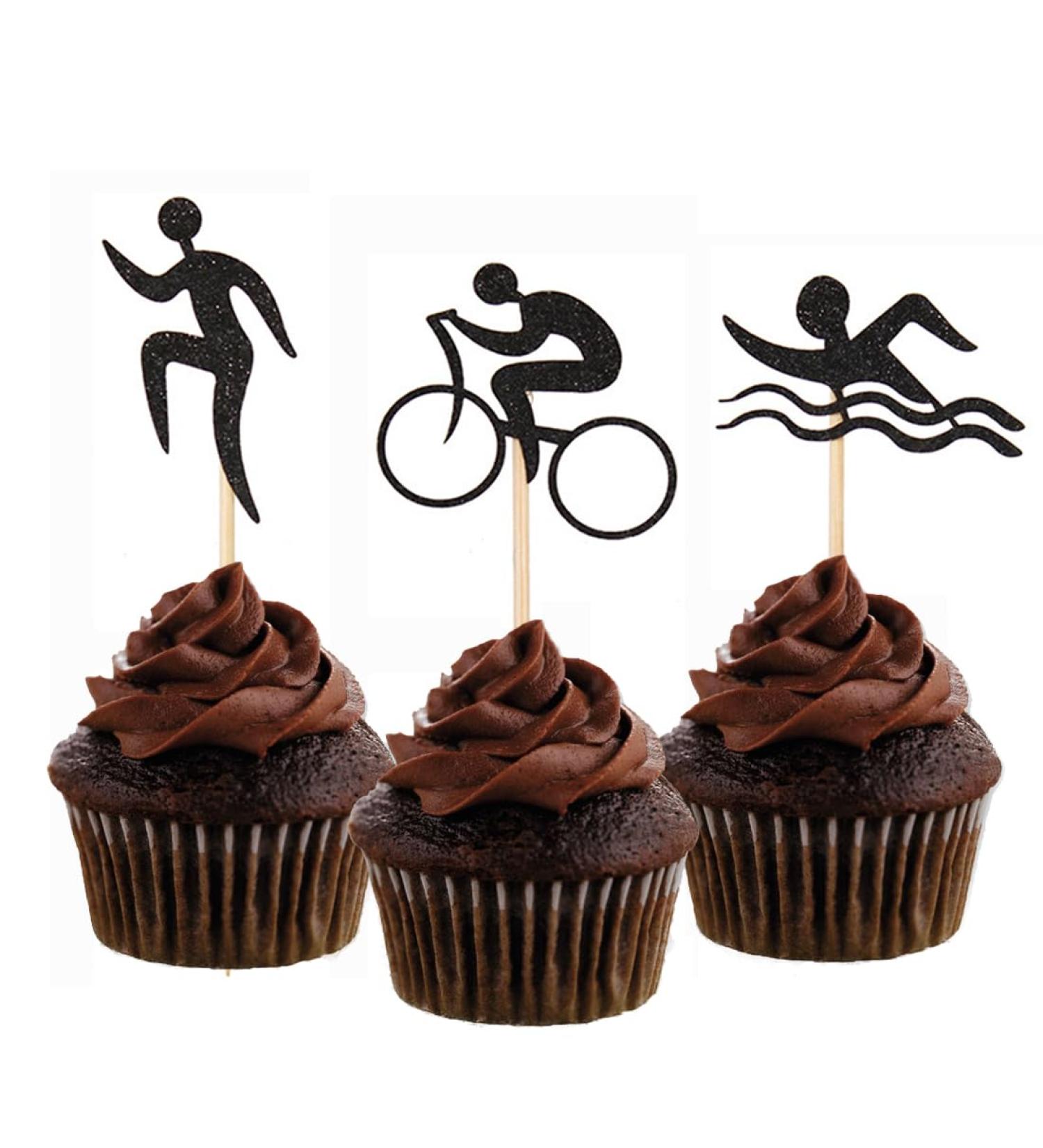 Morndew 24 PCS Black Glitter Triathlon Cupcake Toppers Swimming Running Cycling Picks for Sports Theme Party Anniversary Party Birthday Party Baby Shower Wedding Party Decorations - Buy Online on GoSupps.com