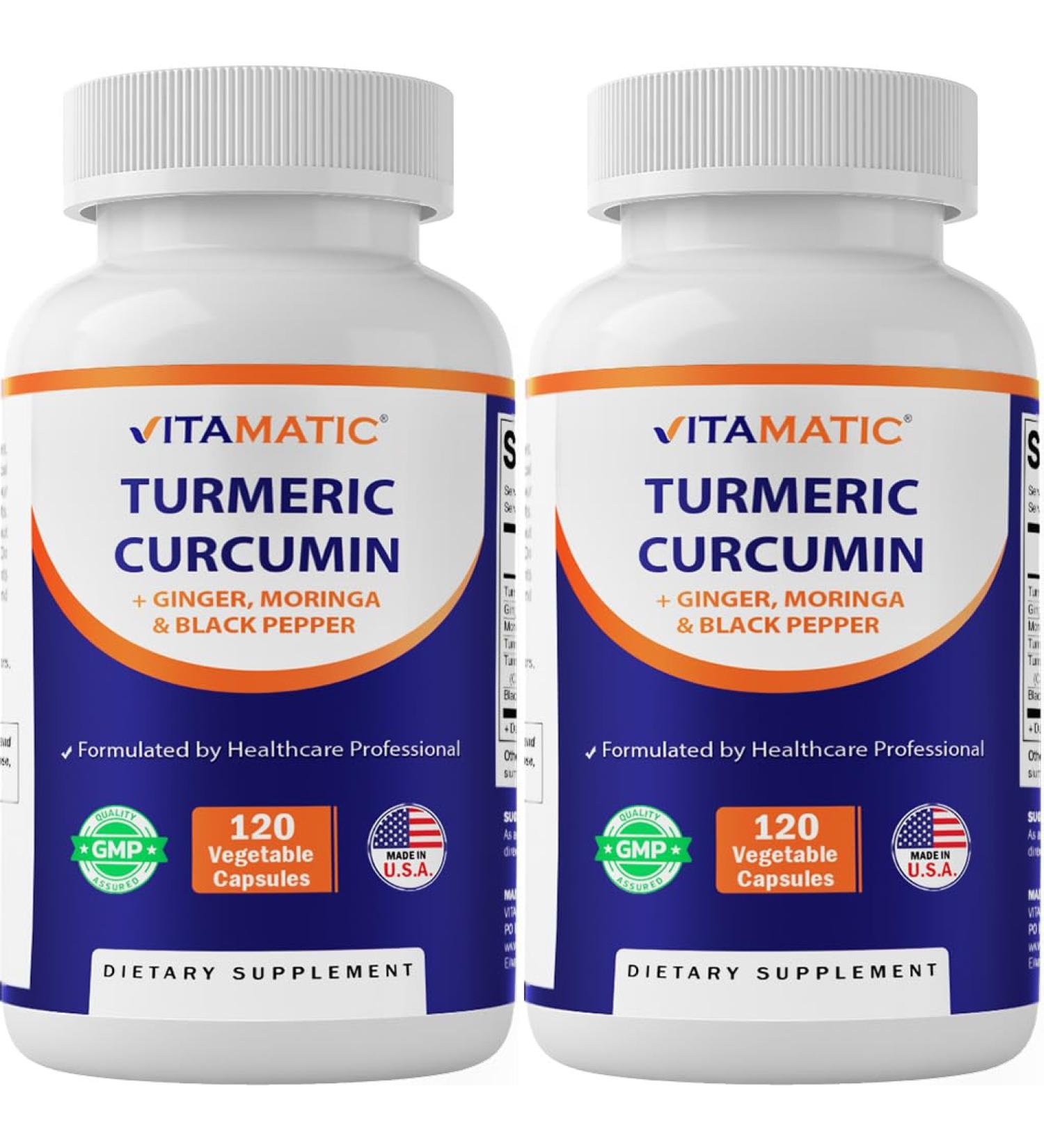 Vitamatic Turmeric Curcumin Supplement (10:1 Equivalent 3000 Per Serving, Made with 95% Curcuminoids, Black Pepper, Ginger, Moringa) 120 Vegetable Capsules, Non-GMO, Gluten Free - 2 Pack - Buy Online on GoSupps.com