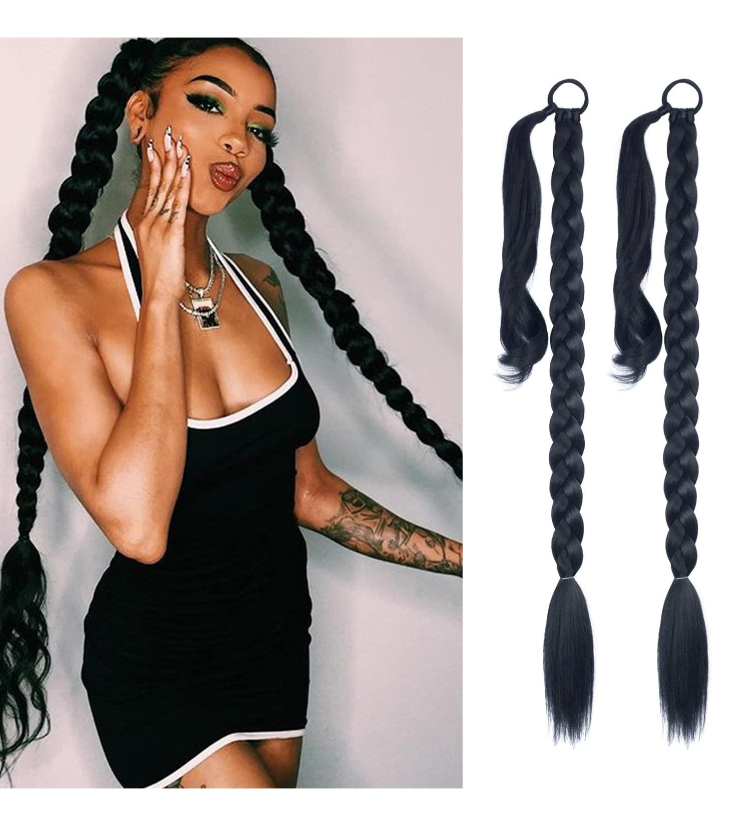 LyoRuSi 30 Inch 2 Pack DIY Braided Ponytail Extension with Hair Tie - Straight Wrap Around Hair Extensions Ponytail (1B) - 2PCS Braided - Buy Online on GoSupps.com