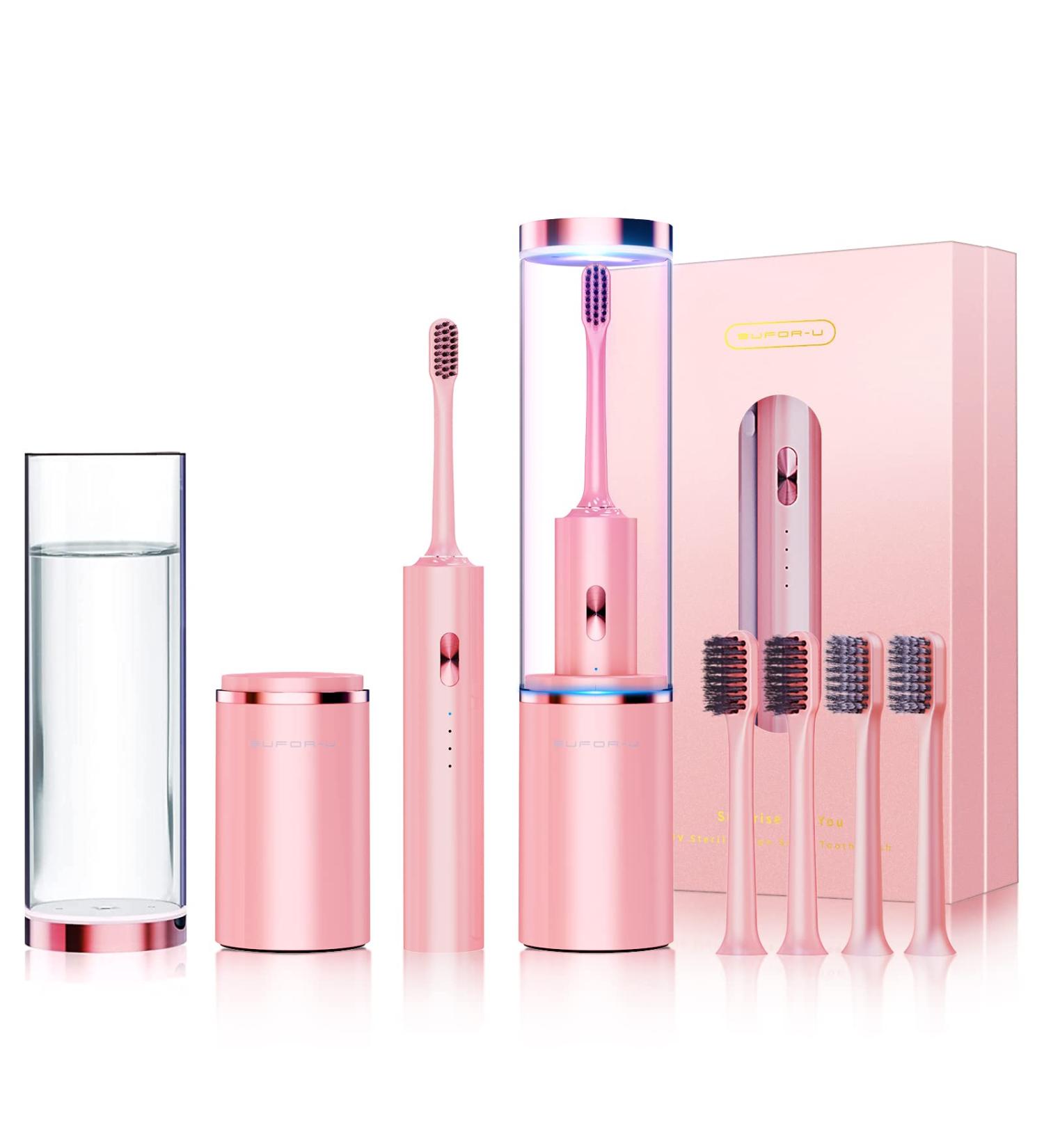SUFOR-U Q5 Sonic Electric Toothbrush with Cleaning Cup - 4 Modes Travel Toothbrush for Adults - 45 Days Battery Life - Smart Timer - Self-Cleaning Light - 41000 VPM - Fast Charge - Pink - Buy Online on GoSupps.com