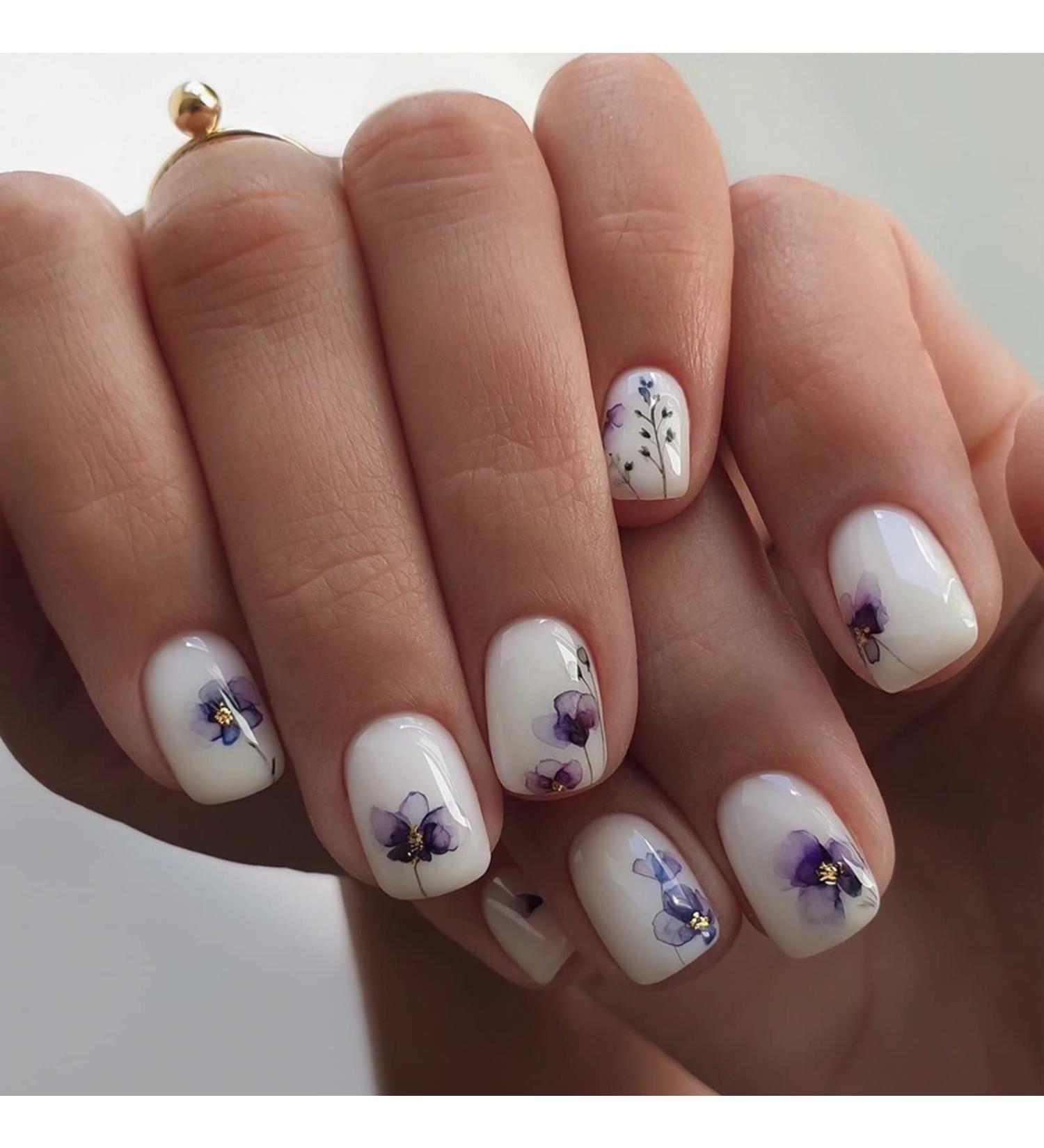 YOSOMK Square White Flower Design Press on Nails | Glossy Full Cover False Acrylic Nails for Women - Buy Online on GoSupps.com