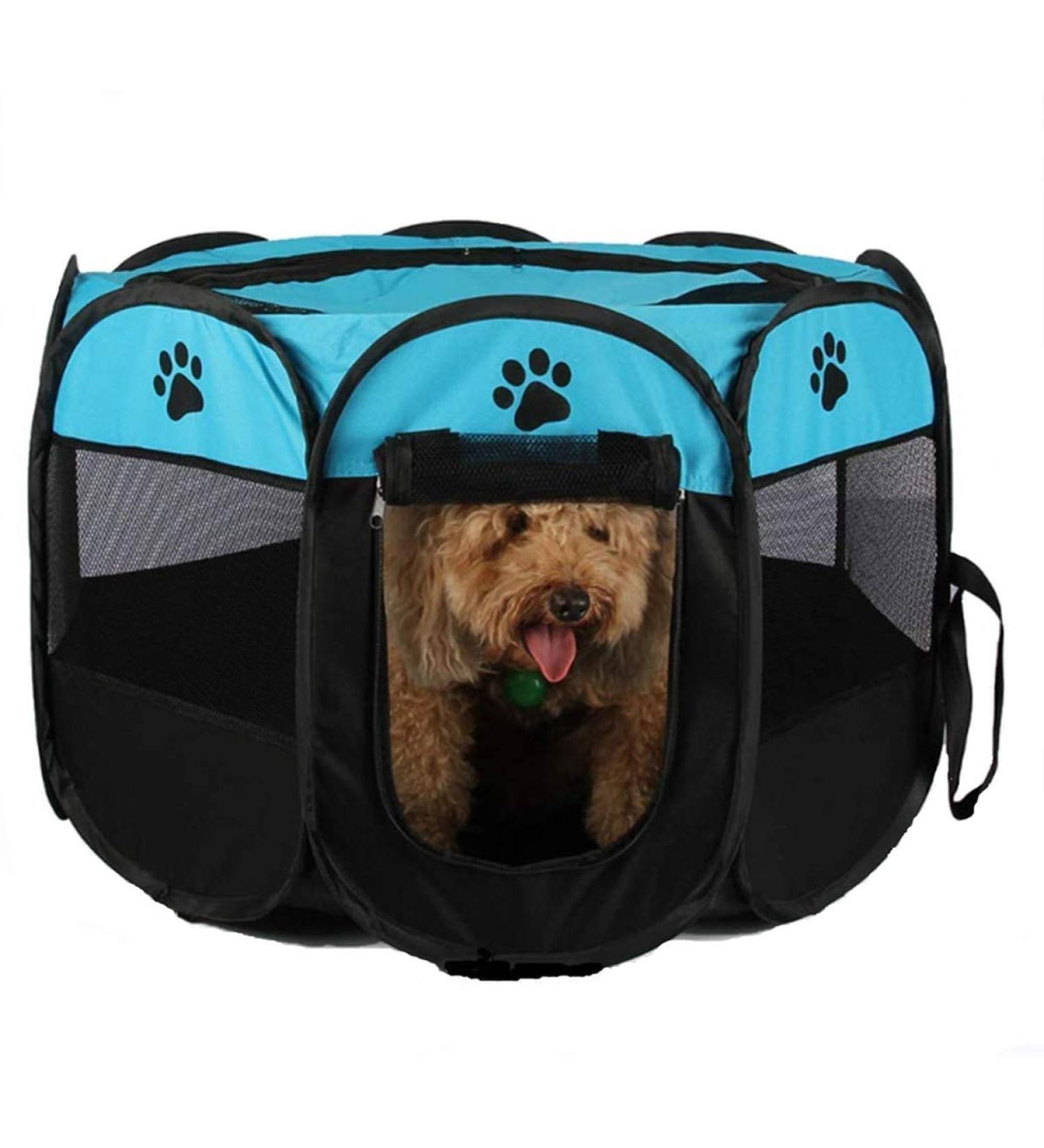 Blumoo Portable Pet Playpen - Indoor/Outdoor Foldable Dog Playpen with Mesh Shade Cover | Travel Dog Play Tent for Puppies/Cats/Rabbits - Blue (S 28x28x18) - Buy Online on GoSupps.com