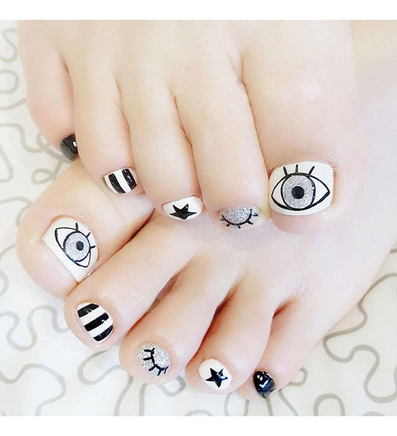 Handcess Square Glitter Fake Toenails - Short Black & White Full Cover Artificial Nail Tips for Women & Girls | 24-Hour Stick-On French Nails - Buy Online on GoSupps.com