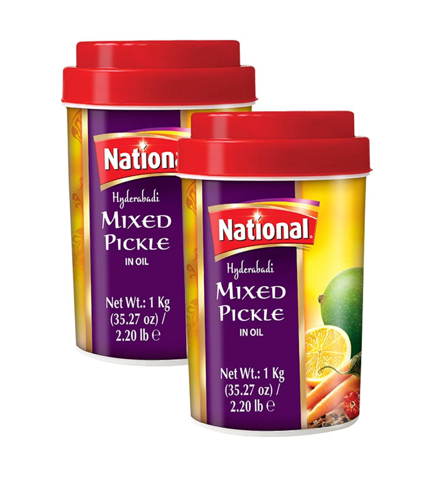National Foods Hyderabadi Mixed Pickle 35.27 oz (1000g) | Sour & Spicy Traditional South Asian Relish | Zesty & Tangy Achaar | Plastic Jar | Pack of 2 Hyderabadi Mixed (1000g) 1 kg (Pack of 2) - Buy Online on GoSupps.com