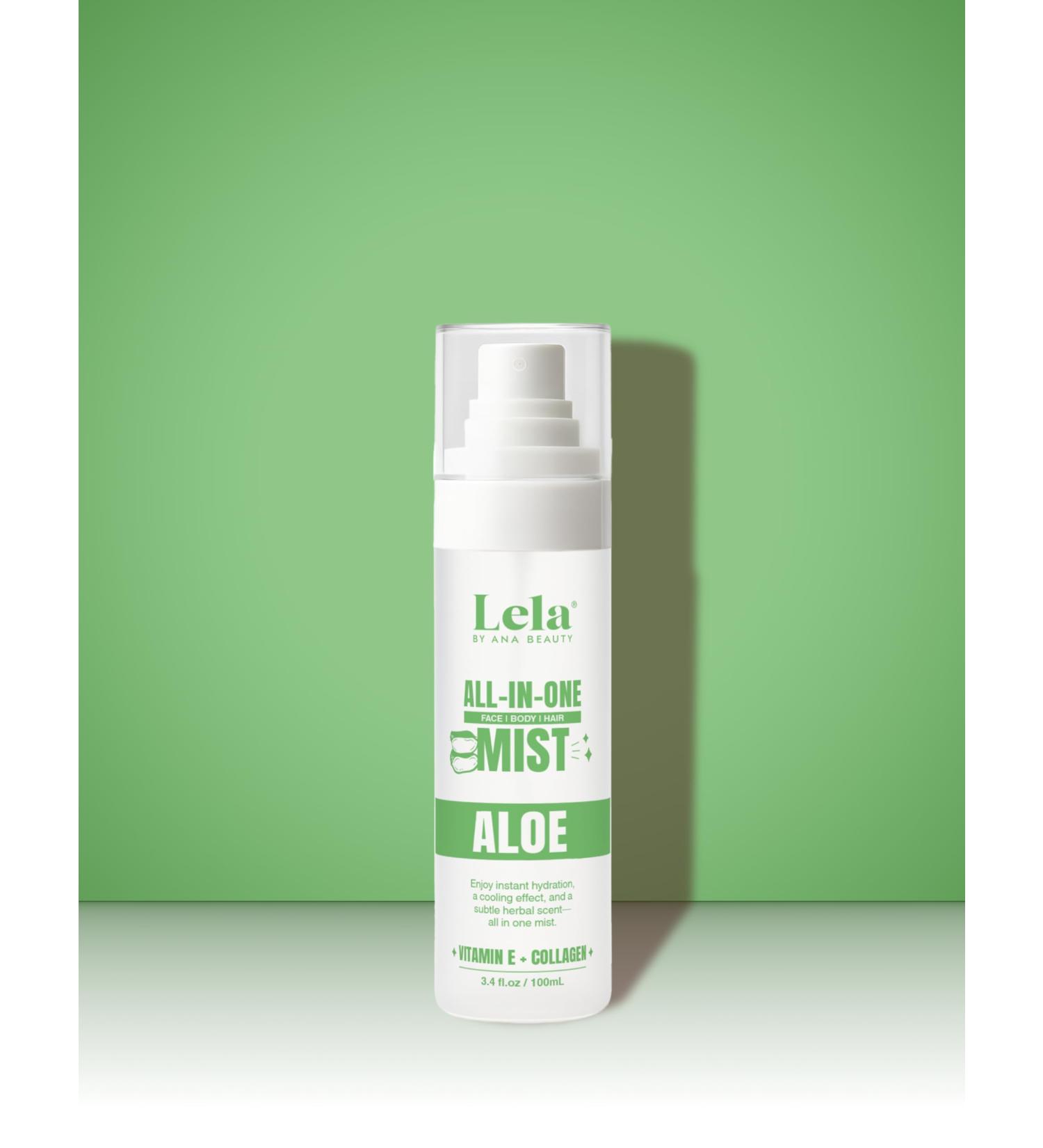 Lela Beauty All In One Aloe Mist Hydrating Face Body & Hair Spray with Vitamin E Collagen and Aloe Cooling Effect Herbal Scent Soothes Redness Sets Makeup 3.4 fl. oz / 100 mL