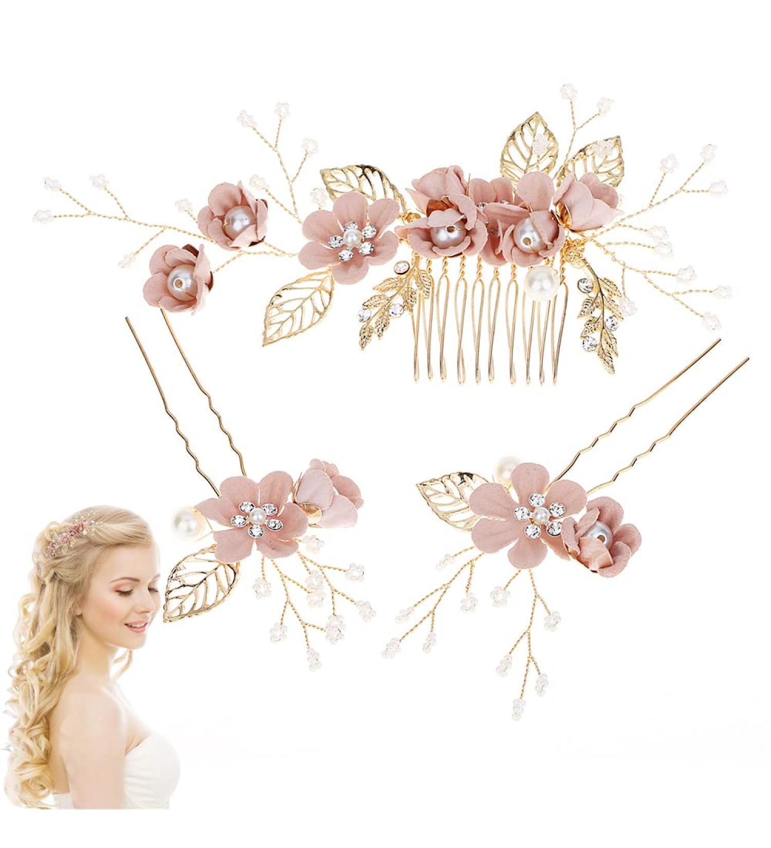 Xyxx 3-Piece Pink Bride Hair Jewelry Set | Crystal & Rhinestone Hair Combs for Wedding & Bridesmaid | Elegant Daily Hair Decoration - Buy Online on GoSupps.com