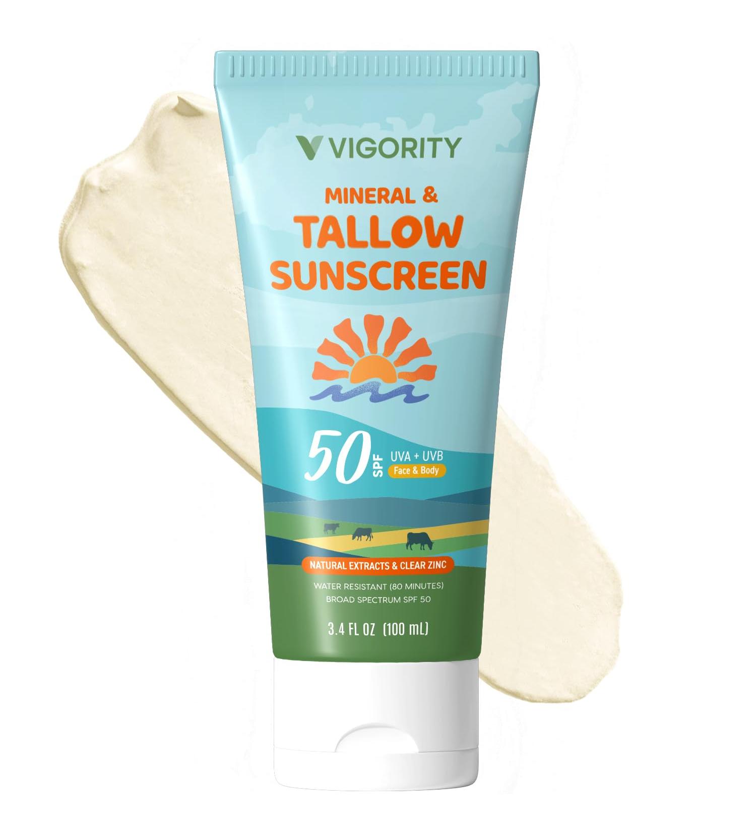 Beef Tallow Sunscreen with Zinc Oxide: Natural Non-Toxic SPF 50 Tallow Sunblock Cream for Face & Body - with 10 Food-Grade Botanical Extracts - Kids & Sensitive Skin Safe Water-Resistant - 3.4 FL OZ SPF 50 (Pack of 1) - Buy Online on GoSupps.com