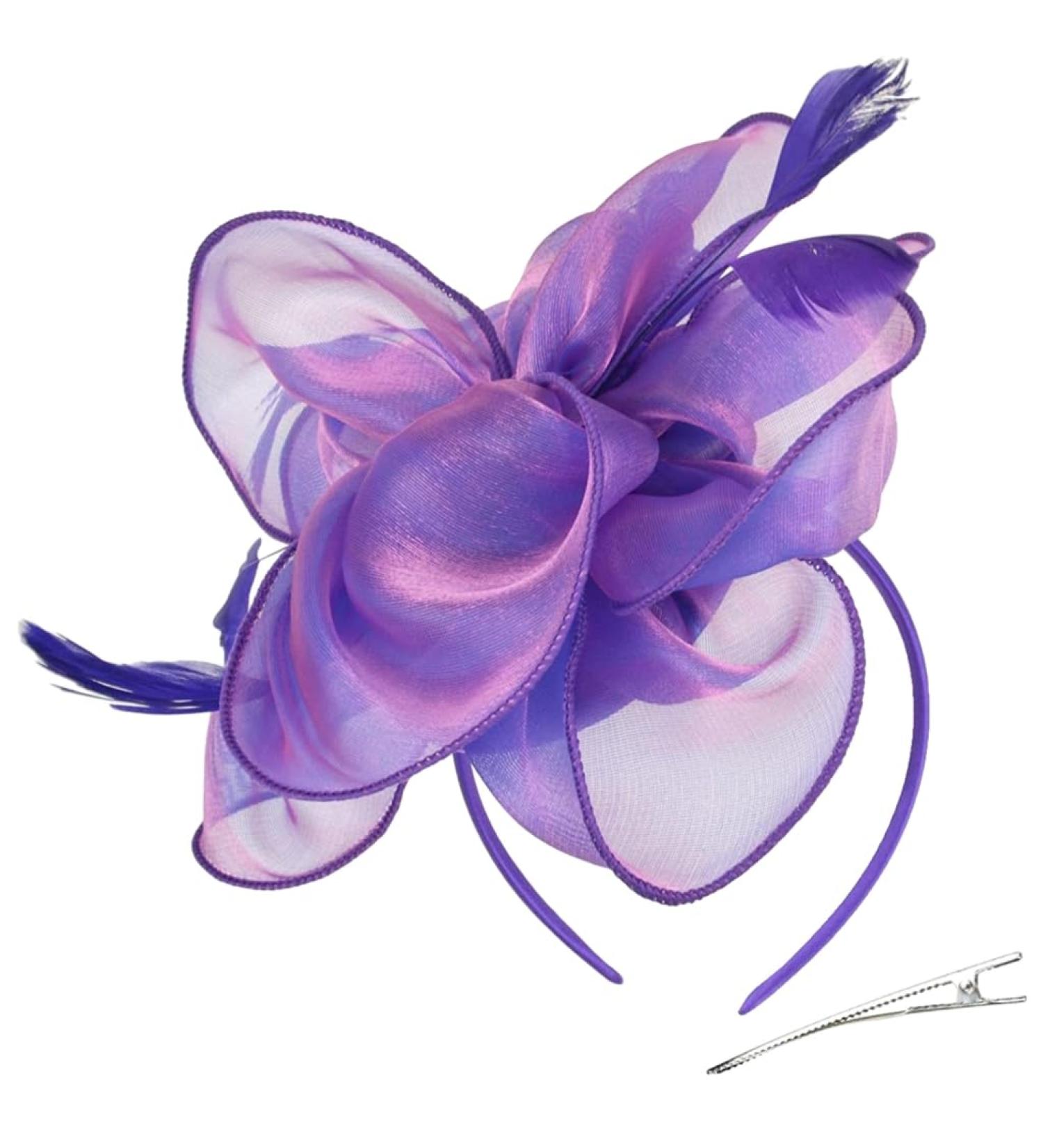 xbiez TeaParty Fascinator Headband French Style Derby Hair Clip for Women Organza Flower Headpiece Elegant Church Headband Purple - Buy Online on GoSupps.com
