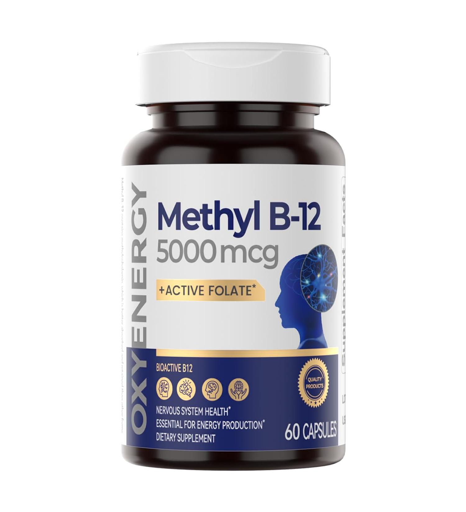 OxyEnergy Methyl Vitamin B12 5000mcg Extra Strength Methylcobalamin B-12 Supplements with Folate Support Nerves Energy Metabolism & Cognitive 60 Capsules - Buy Online on GoSupps.com