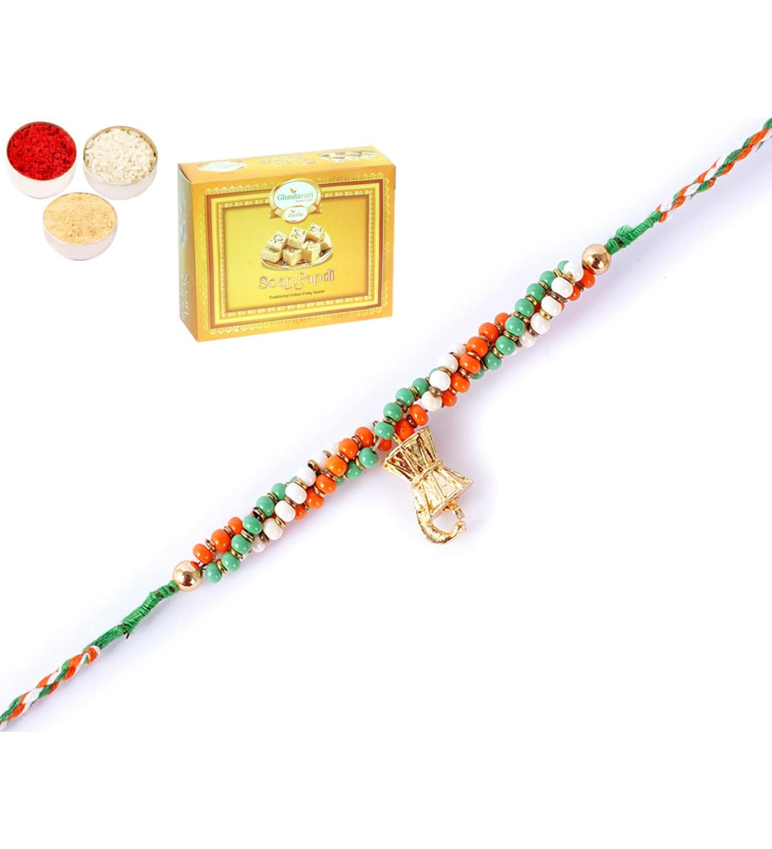 Ghasitaram Gifts Rakhi for Brother Rakhis Online - RM-589 Premium Rakhi with 400 GMS of Soan Papdi - Buy Online on GoSupps.com