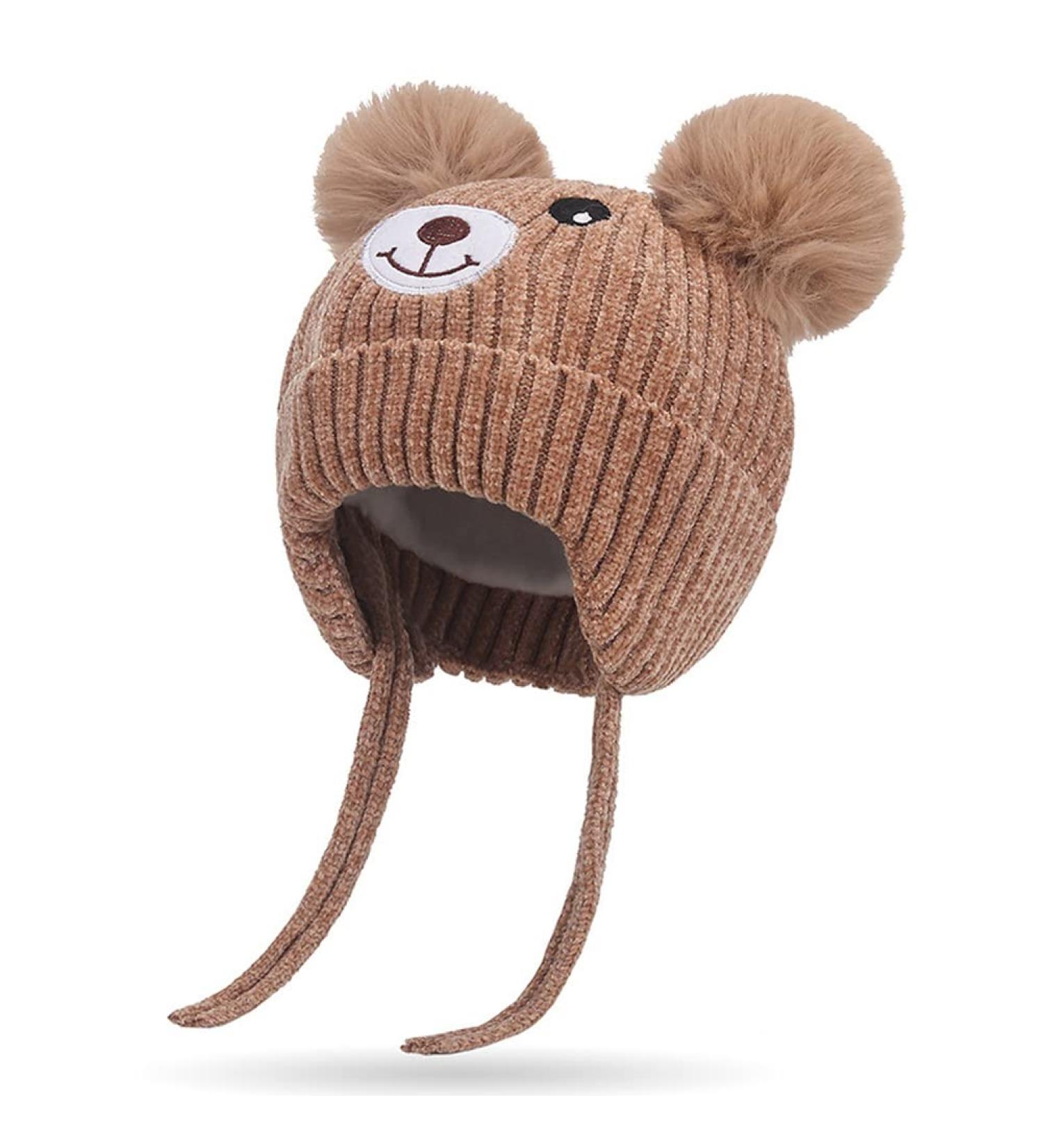 Cute Bear Kids Winter Hat | Ear Flaps, Dual Pom-Pom | Toddler Fleece Lined Earflap Cap - Khaki - Buy Online on GoSupps.com