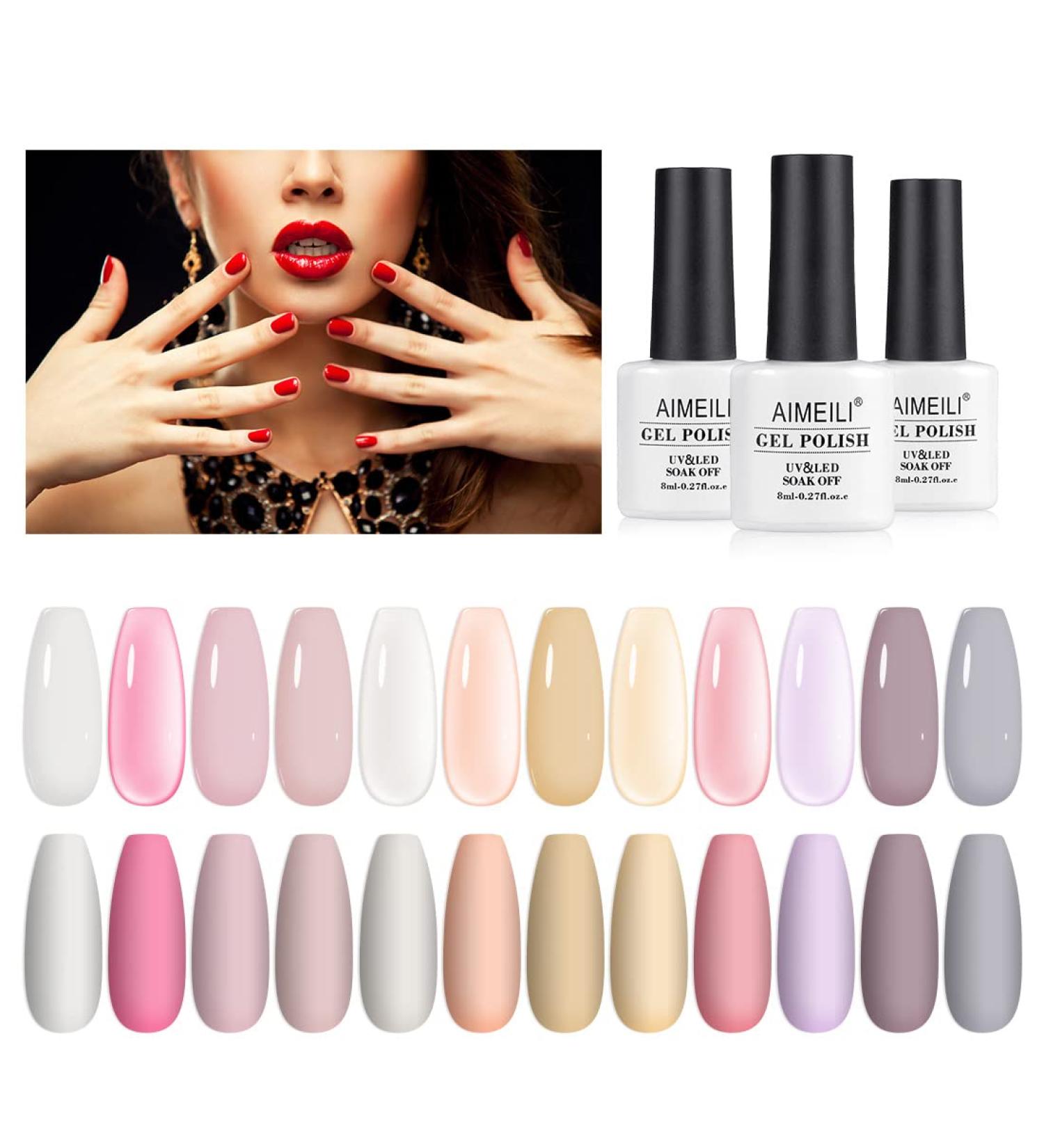 AIMEILI Sheer Gel Nail Polish Kit Set 3 - 12pcs X 8ml Milky White Sheer Pink Nude Soak Off Transparent Jelly Polish Set - Buy Online on GoSupps.com