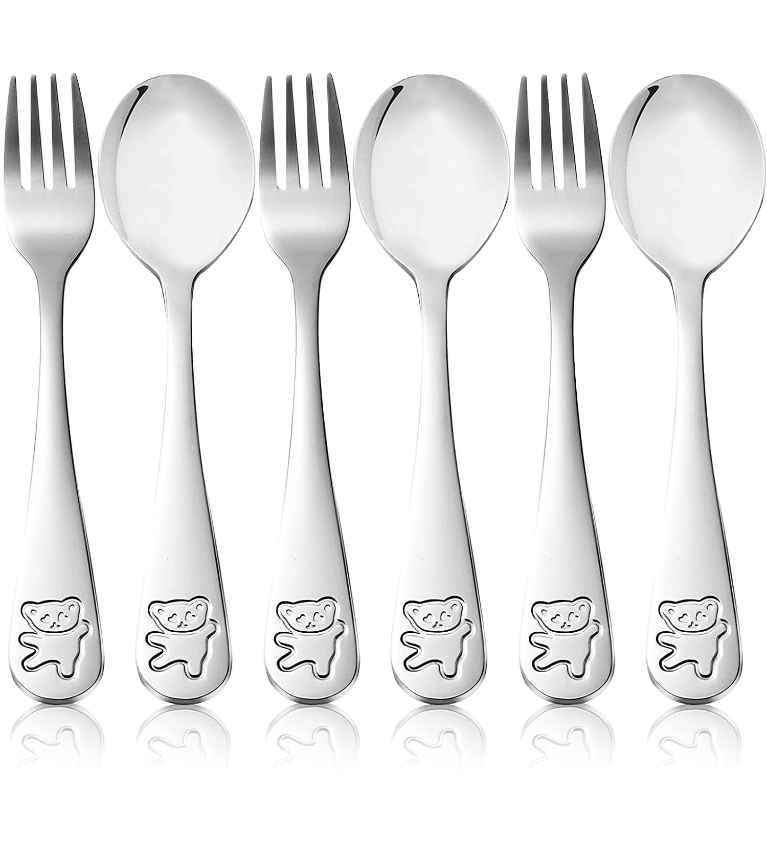Children's Cutlery Set - 6-Piece Stainless Steel Fork & Spoon Set with Bear Pattern - Perfect for Kids' Dining & Desserts - 16.5cm Baby Spoon & Fork - Buy Online on GoSupps.com