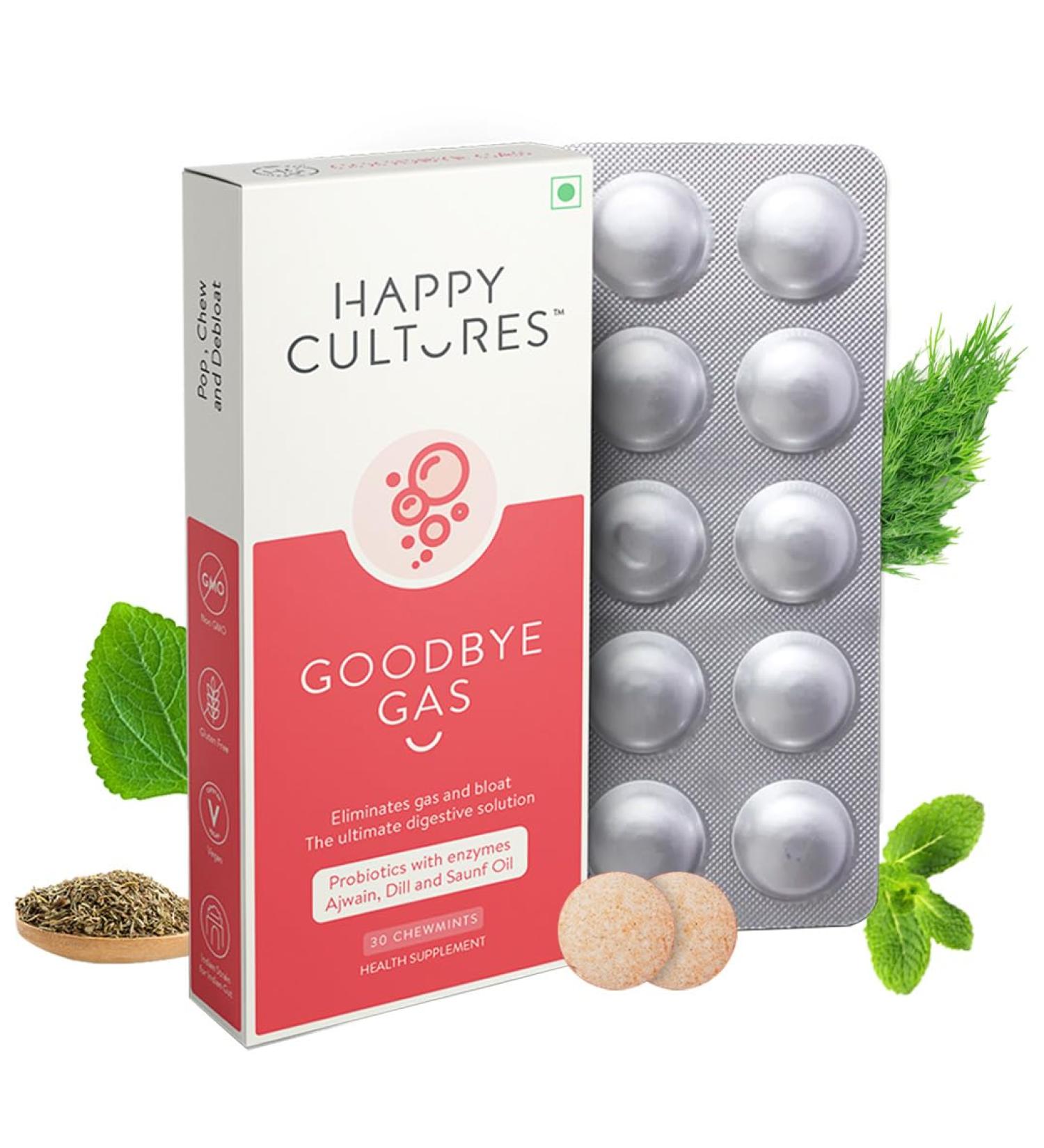 Happy Cultures Goodbye Gas - Chewable Gas Relief Capsules for Bloating & Indigestion | 50mg Simethicone | 30 Count - Digestive Health Solution - Buy Online on GoSupps.com