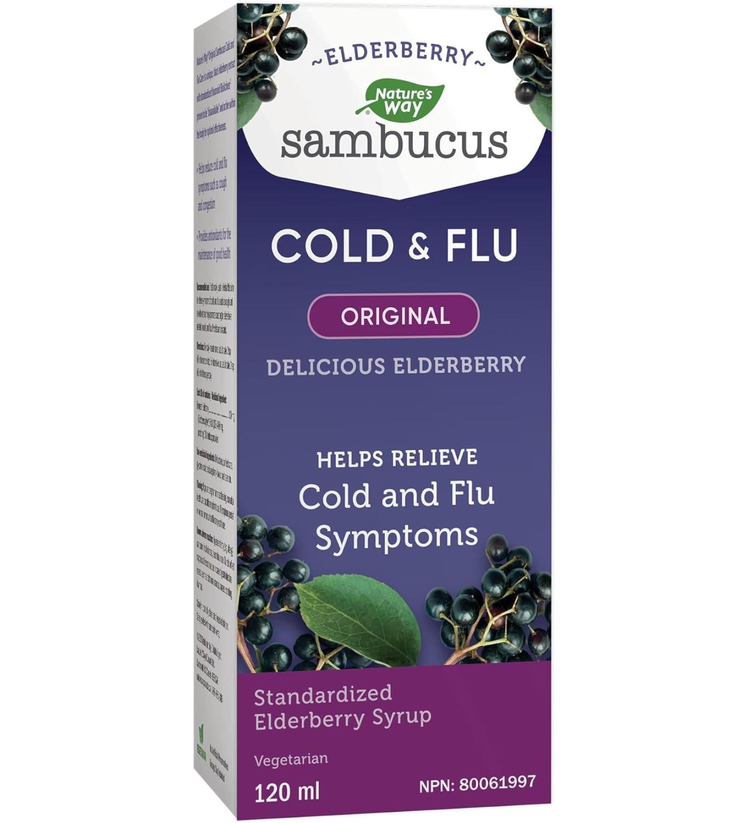 Nature's Way Sambucus Cold and Flu Care Original Elderberry Syrup Used in Herbal Medicine to Help Relieve Symptoms (Coughs and Sore Throats) in Adults 120 ml - Buy Online on GoSupps.com