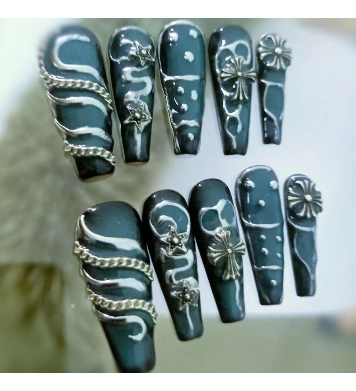 Temperament Enhancement Nail Patch The Daughter chaebol Wears Nail Patch Handmade Nail Black Punk European and American Style Stereo (10-Piece Pack) (Size : S) Small