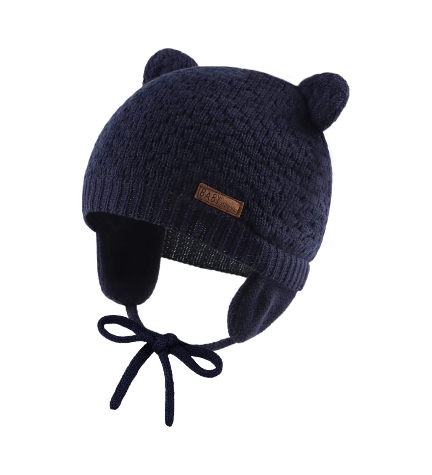 XIAOHAWANG Baby Earflap Beanie Hat - Cute Bear Knit Beanie for Infant/Toddler - Navy (6-18 Months) - Buy Online on GoSupps.com