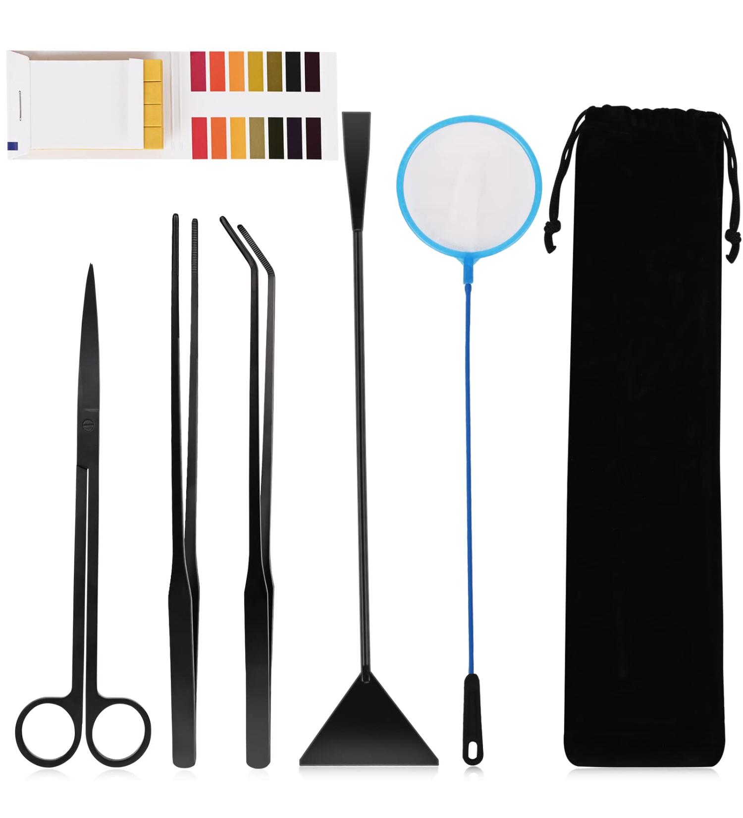 6-in-1 Aquarium Aquascape Tools Kit | Stainless Steel Plant Tweezers, Scissors, Scrapers | Fish Tank Cleaner Set with PH Paper & Net Bag - Buy Online on GoSupps.com