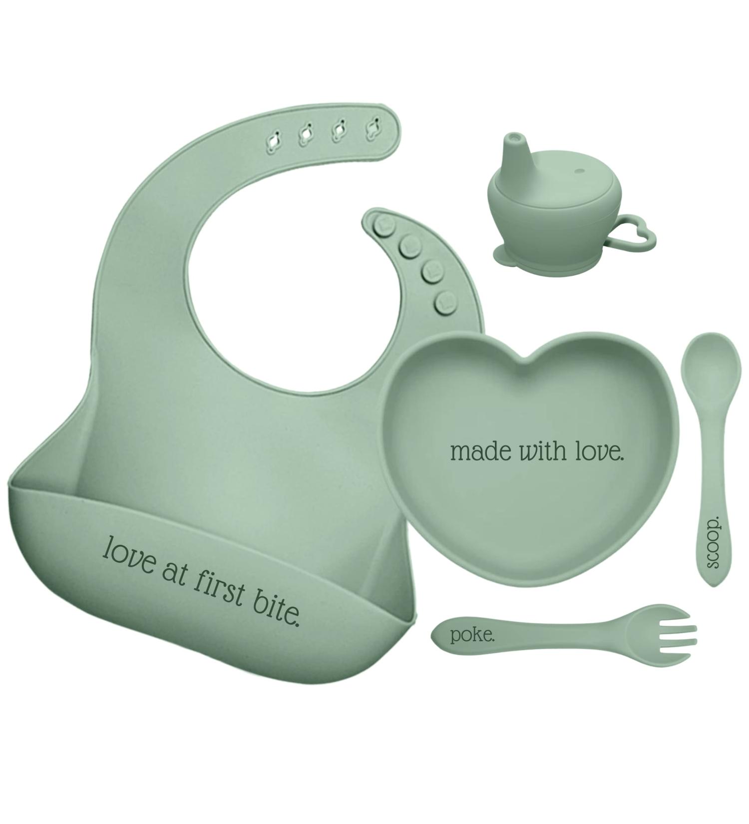 Baby & Toddler Heart Shaped Silicone Feeding Set | 5-Piece Tableware Set with Bib, Plate/Bowl, Fork & Spoon, Sippy Cup Lid - Sage - Buy Online on GoSupps.com