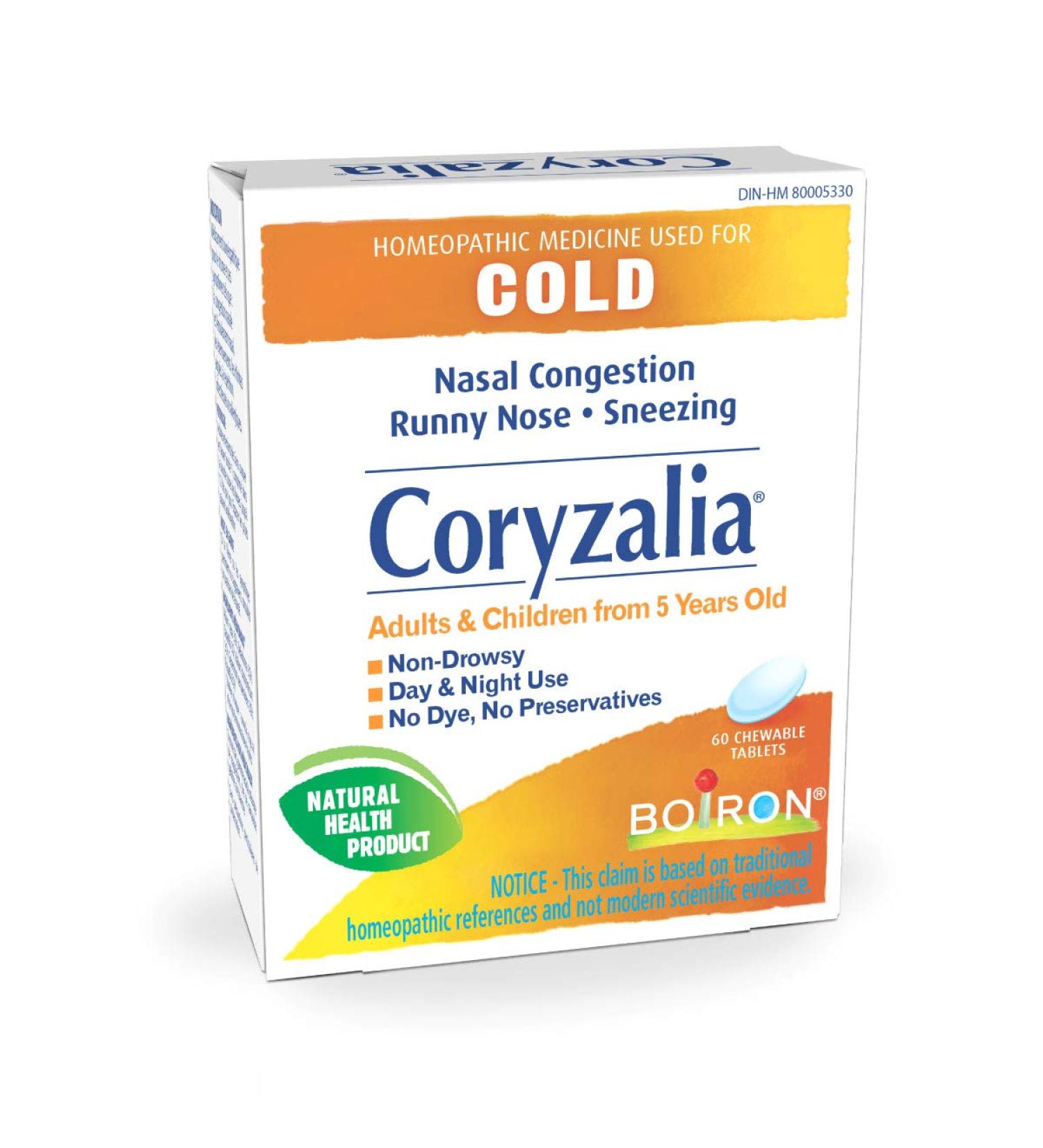 Boiron Coryzalia for colds and cold symptoms 60 Tablets. Chewable Tablets for nasal congestion runny nose rhinitis. Non-drowsy Cold Medicine - Buy Online on GoSupps.com