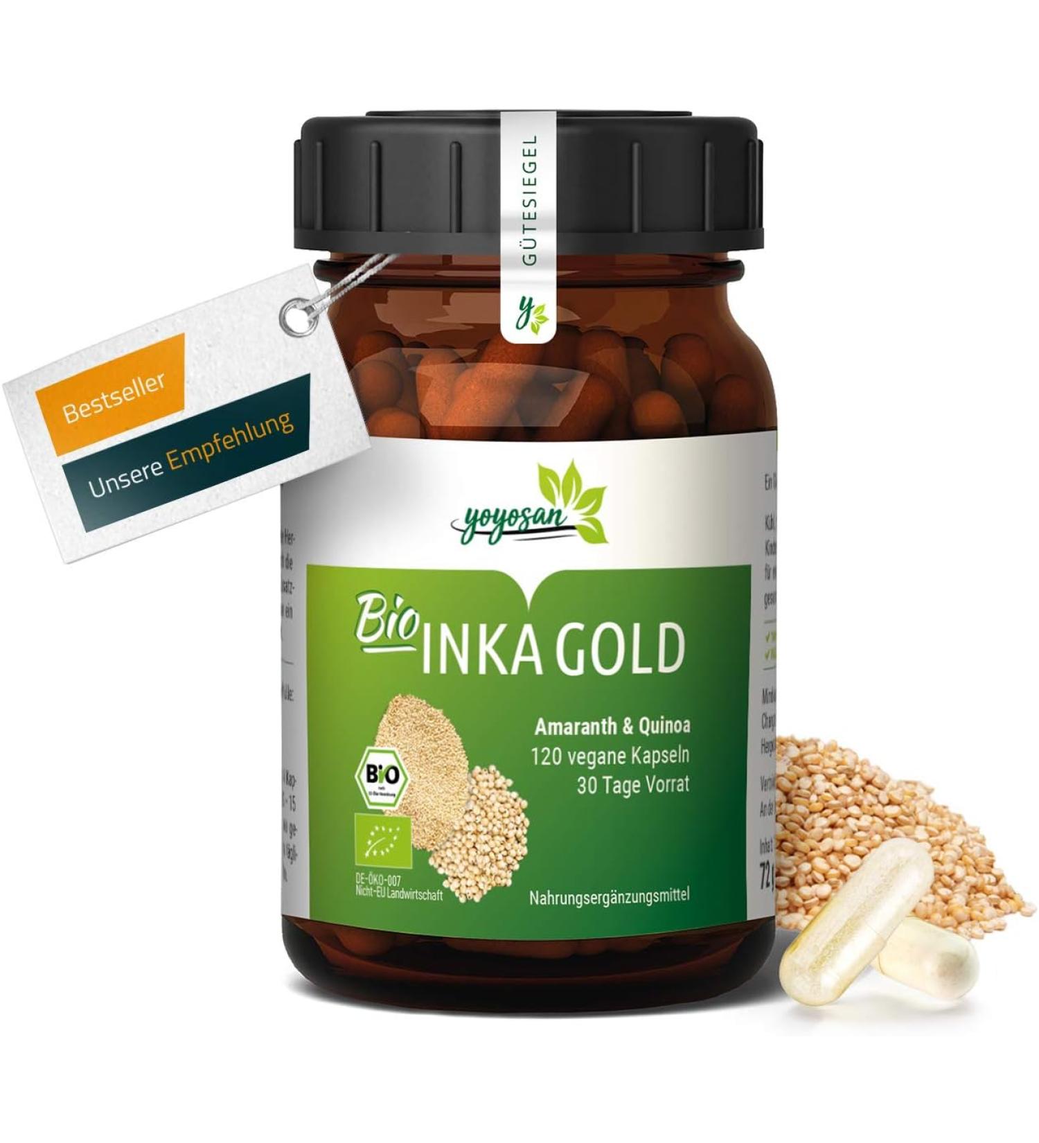 YOYOSAN Inka Gold Organic Capsules Made of Quinoa & Amaranth Rich in Amino Acids and Micronutrients Free from Additives 120 Vegan Capsule - Buy Online on GoSupps.com