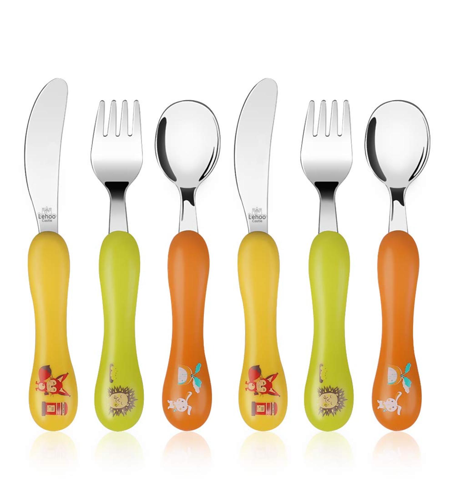 Lehoo Castle Children's Cutlery Set - 6-Piece Stainless Steel Forks Spoons & Knife for Toddlers - Orange Baby Cutlery Ideal for Kids - Buy Online on GoSupps.com