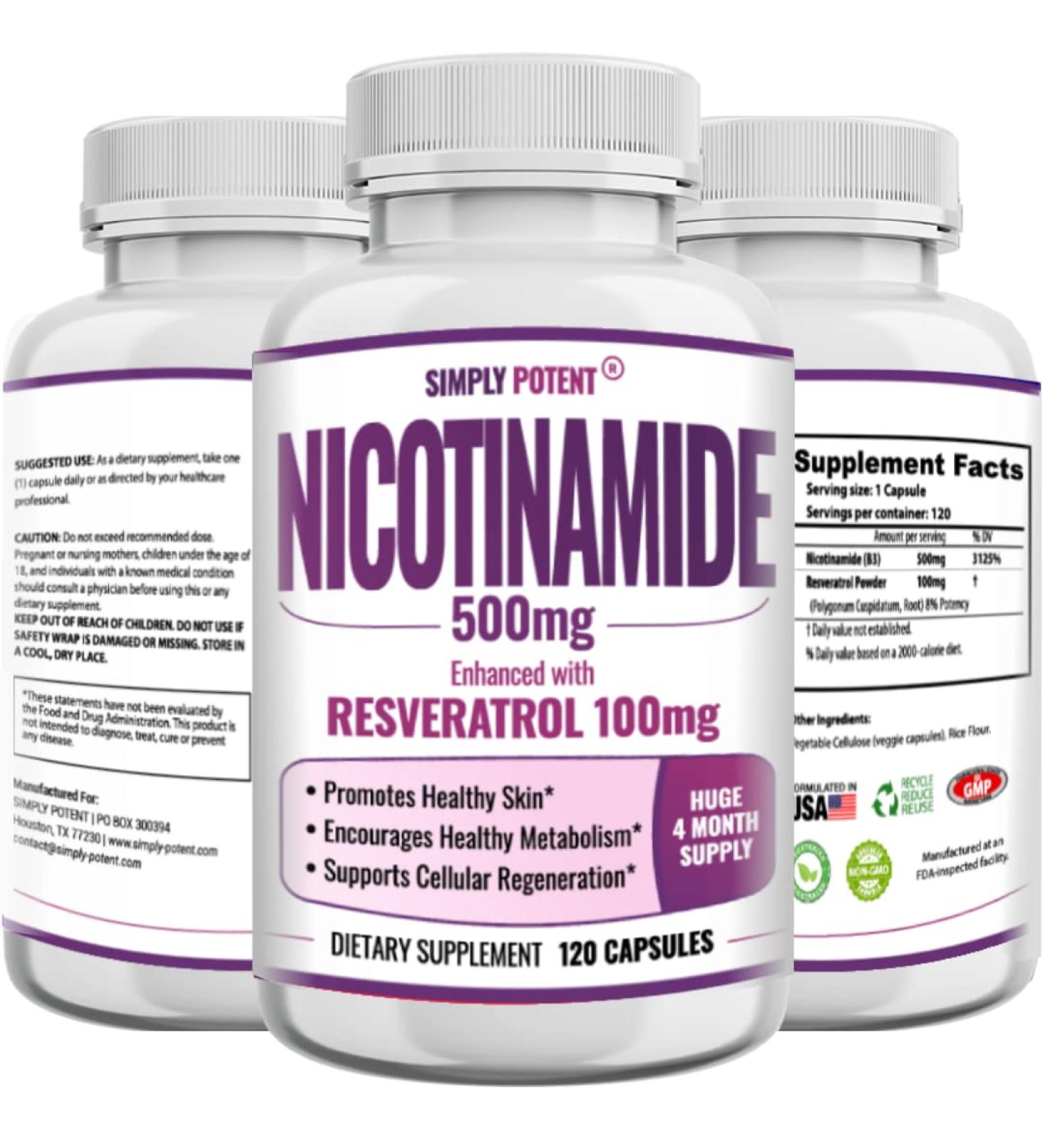 Nicotinamide 500mg with Resveratrol 100mg - 120 Veggie Capsules - Vitamin B3 Supplement Pills to Support NAD Skin Cell Health & Energy - Buy Online on GoSupps.com