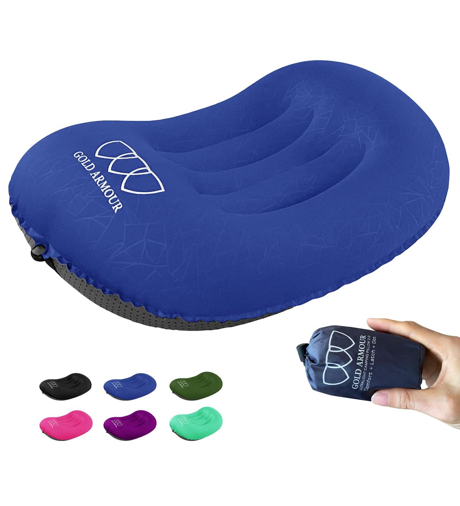 Gold Armour Inflatable Camping Pillow Backpacking Pillow Lightweight Travel Air Pillow Ultralight Ergonomic Pillow Portable for Airplanes with Neck & Lumbar Support (Blue) Blue 1 - Buy Online on GoSupps.com
