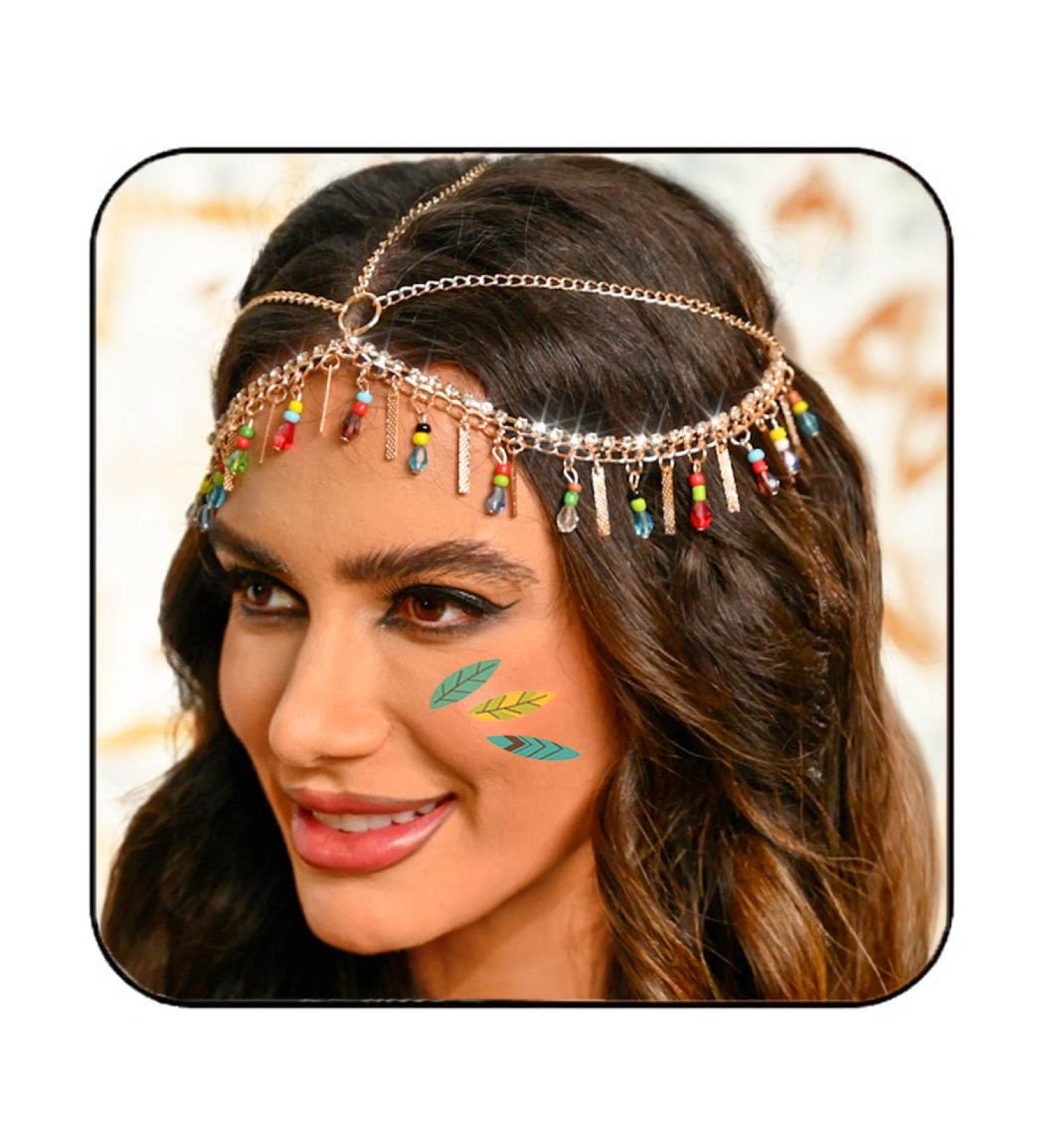 Sixexey Boho Gold Head Chain Egyptian Headpiece Colorful Beaded Headpiece for Women - Buy Online on GoSupps.com