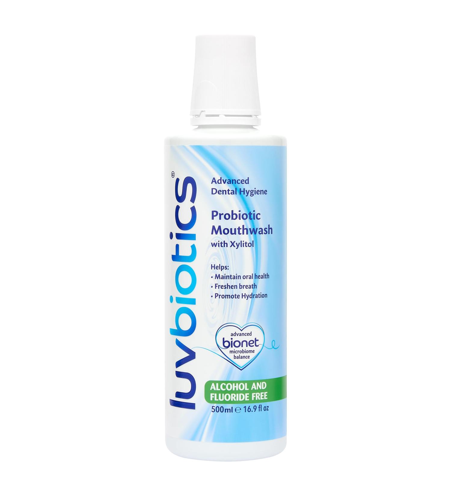 LUVBIOTICS Fluoride-Free Mouthwash with Oral Probiotics & Xylitol | Alcohol-Free, SLS & Parabens Free | Promotes Fresh Breath, Healthy Gums & Teeth - 500ml - Buy Online on GoSupps.com