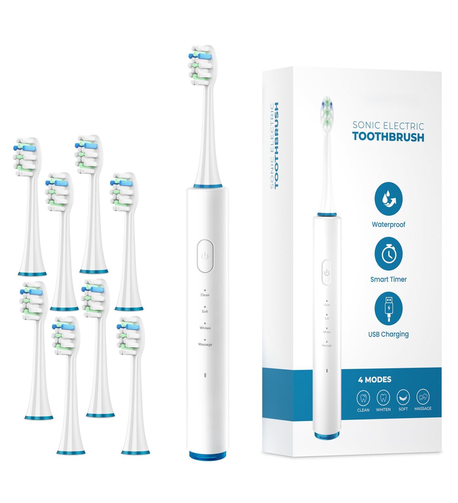 Electric Toothbrush for Adults 8 Brush Heads with 4 Modes Rechargeable & Waterproof Toothbrushes Fast Charge One Charge for 60 Days (White)
