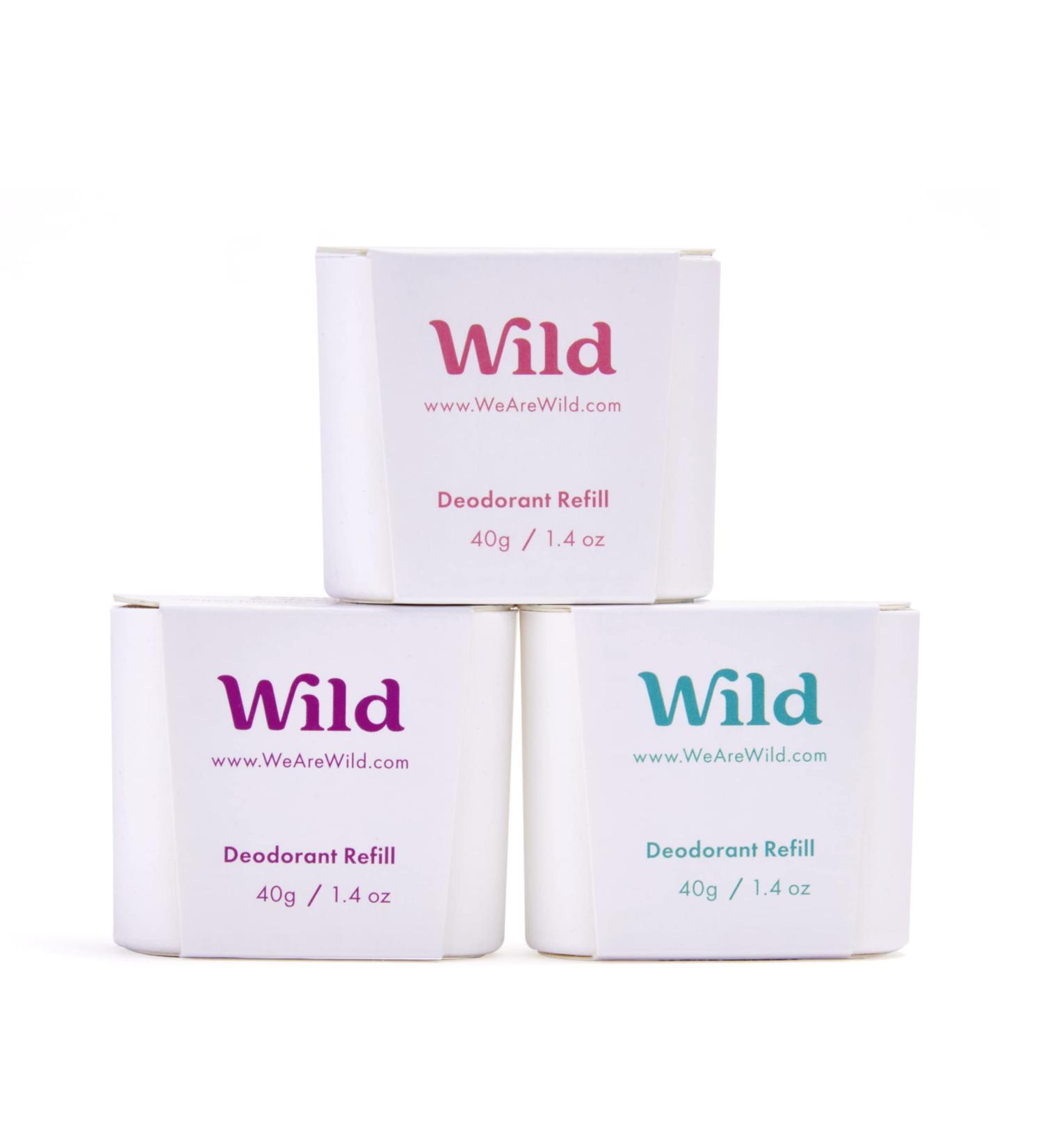 Wild - Natural Refillable Deodorant - Aluminium Free - Refill Variety Pack Includes Fresh Cotton & Sea Salt Jasmine & Mandarin and Coconut & Vanilla Scents - Long Lasting Protection Variety Pack 40 g (Pack of 3) - Buy Online on GoSupps.com