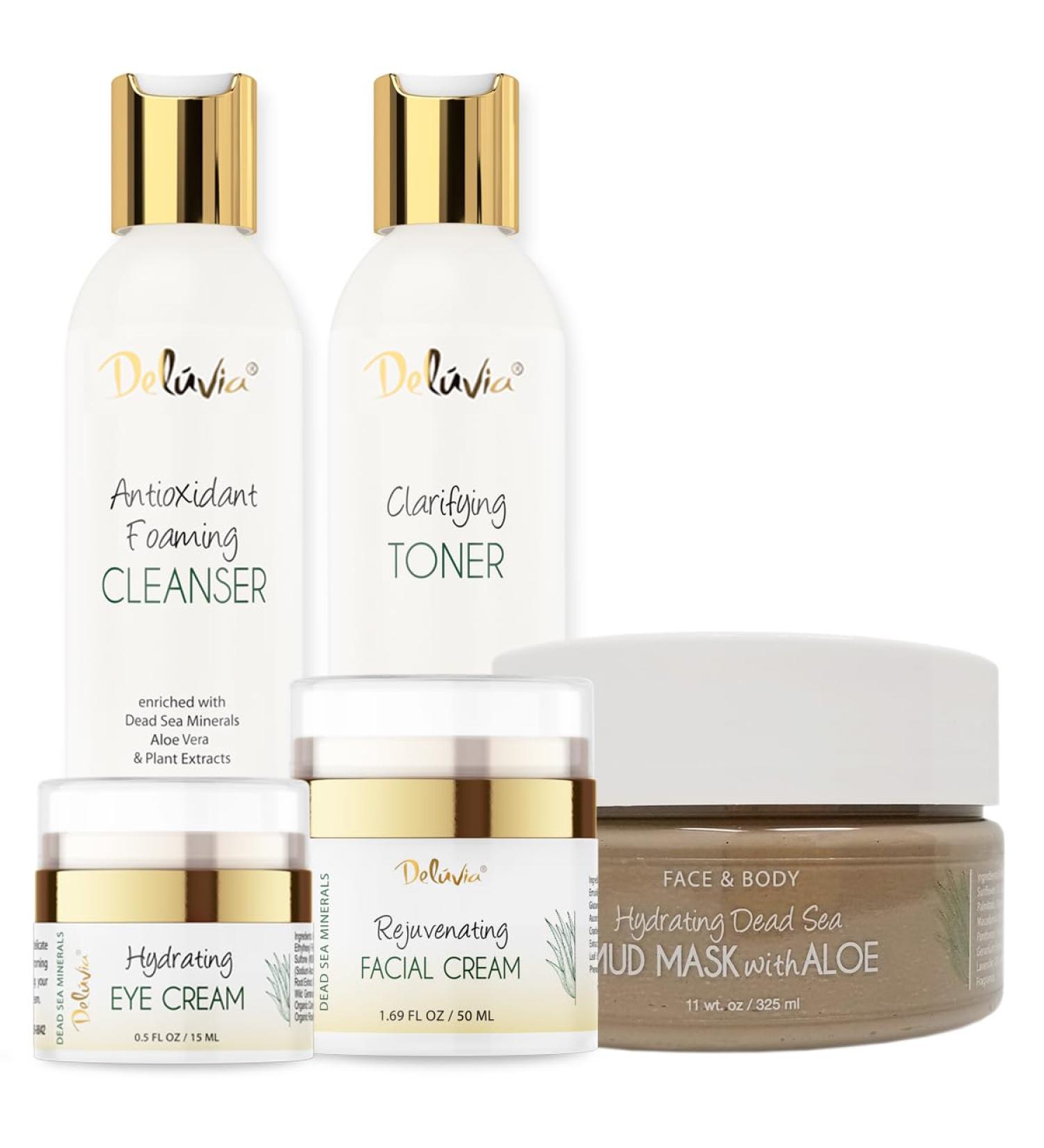 Deluvia Premium Facial Kit - Complete Skin Care Set with Foaming Cleanser Toner Moisturizer Eye Cream & Dead Sea Mud Mask - Shop Internationally - Buy Online on GoSupps.com