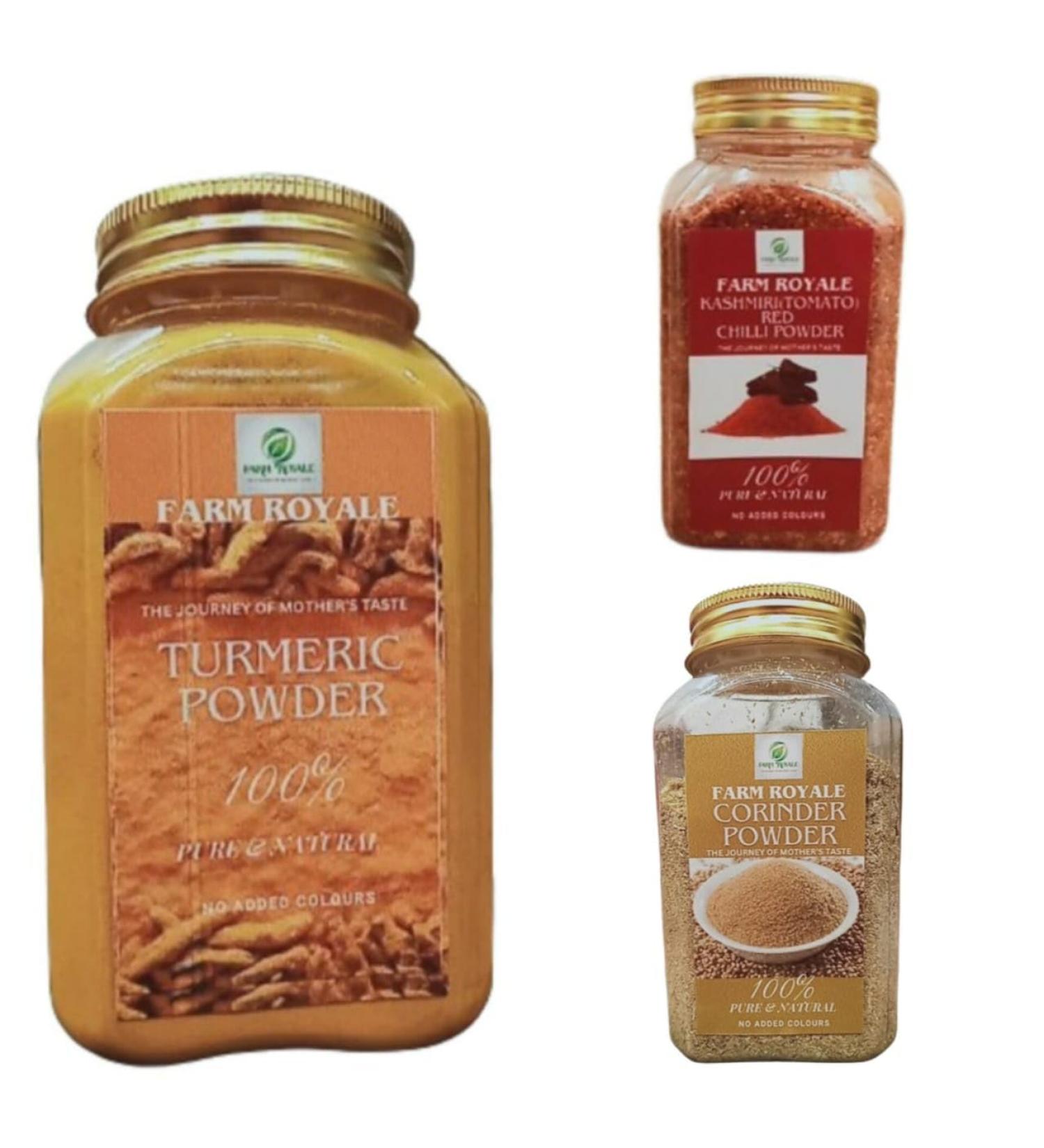 Farm Royale Turmeric/Kashmiri Tometo Red chilli(Lal Mirch)/Coriander Powder Combo(200g/200g/200g)100% Fresh Pure and Natural. - Buy Online on GoSupps.com